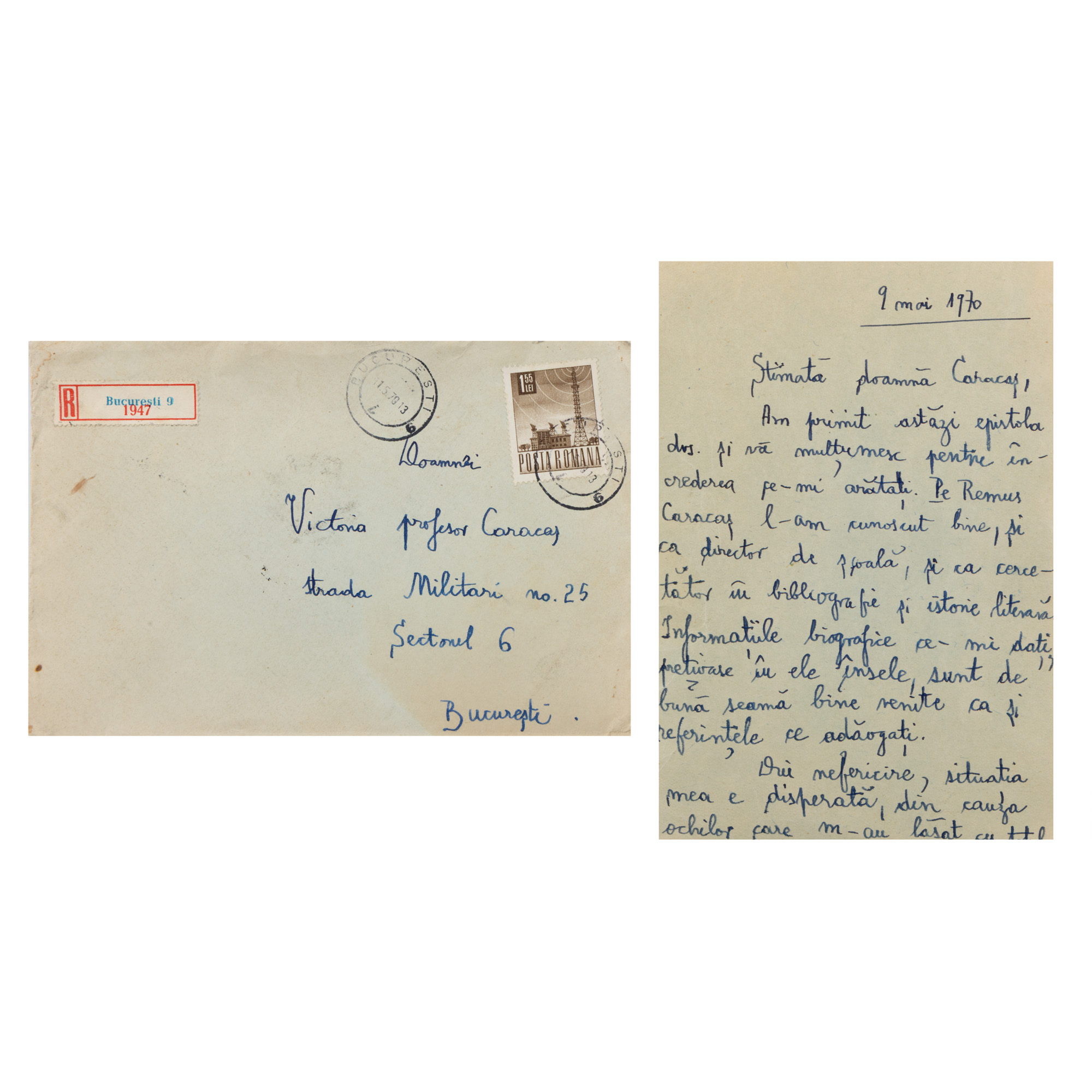 Scrisoare trimisă de Perpessicius către soția lui Remus Caracaș, București, 9 mai 1970, alături de plicul original, provin din arhiva Remus Caracaș (o filă)