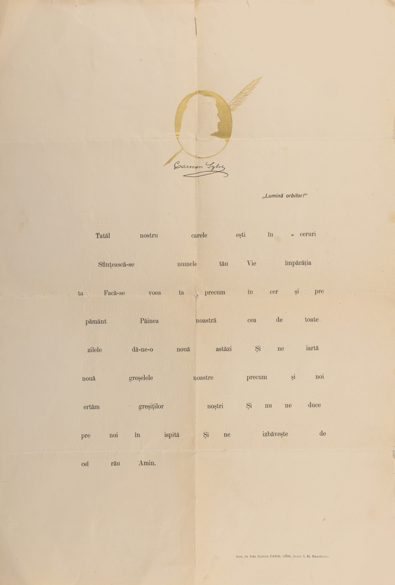 ”Tatăl nostru”, rugăciune tipărită cu caractere Braille pe o filă cu portretul reginei Carmen Sylva, cca. 1906, provine din arhiva Remus Caracaș