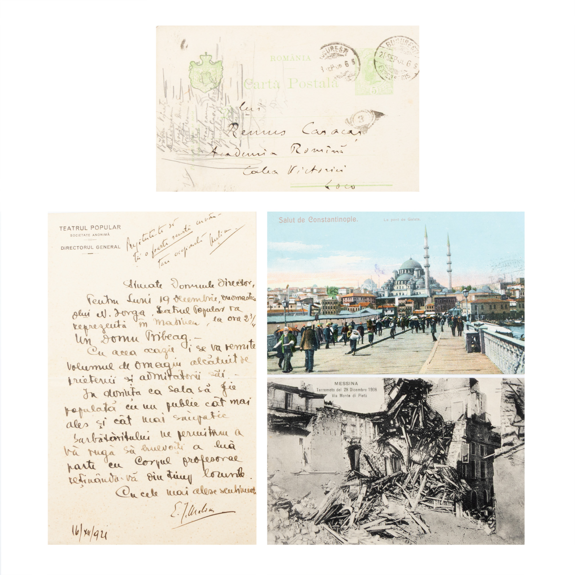 Lot format din trei cărți poștale și o scrisoare (Romulus Cioflec, Nicolae Papahagi, Henri Stahl, Eugen Melik) trimise către Remus Caracaș, 1906-1941, provin din arhiva Remus Caracaș