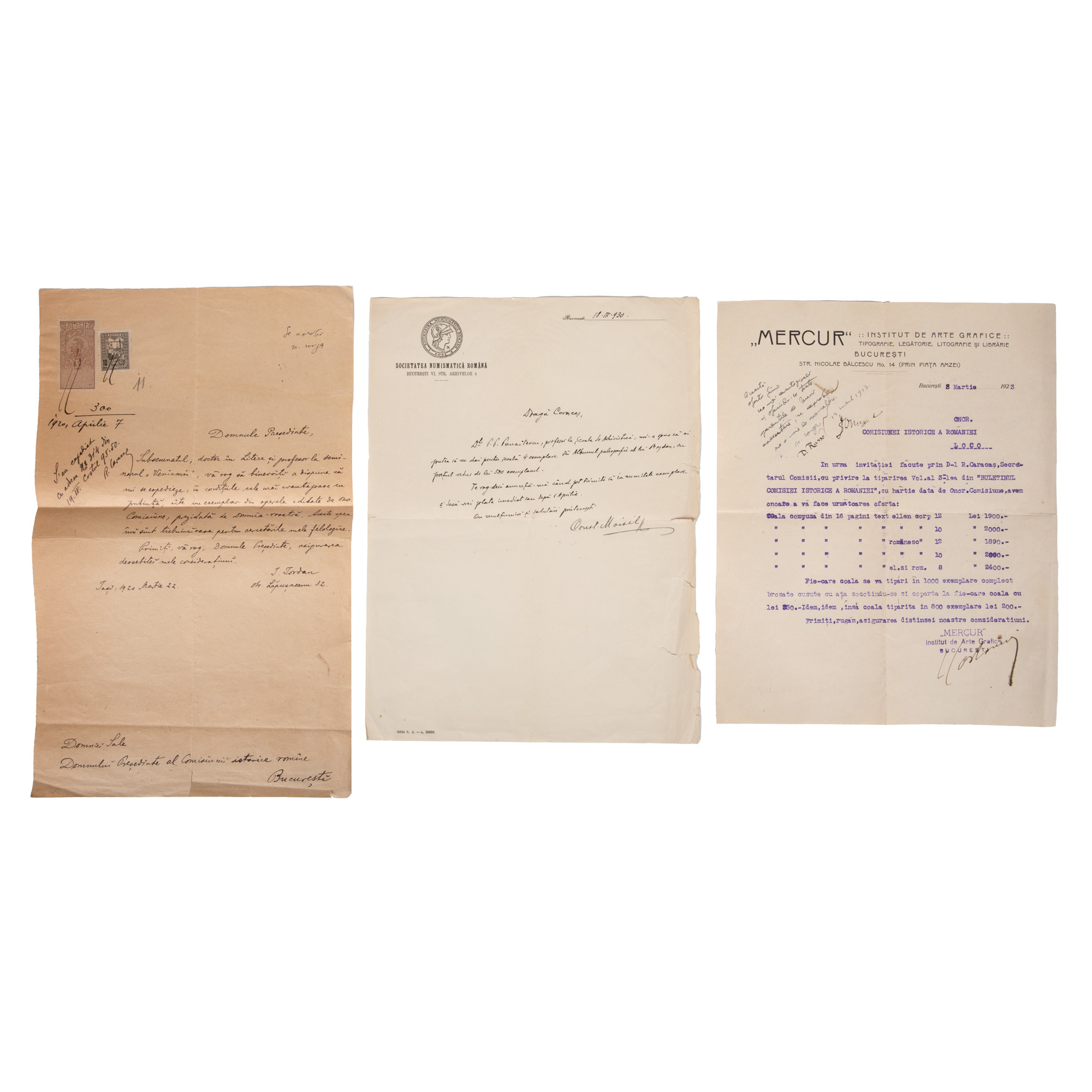 Lot format din trei corespondențe către Comisia Istorică a României, președinte Nicolae Iorga, 1920-1930, provin din arhiva Remus Caracaș (3 file)