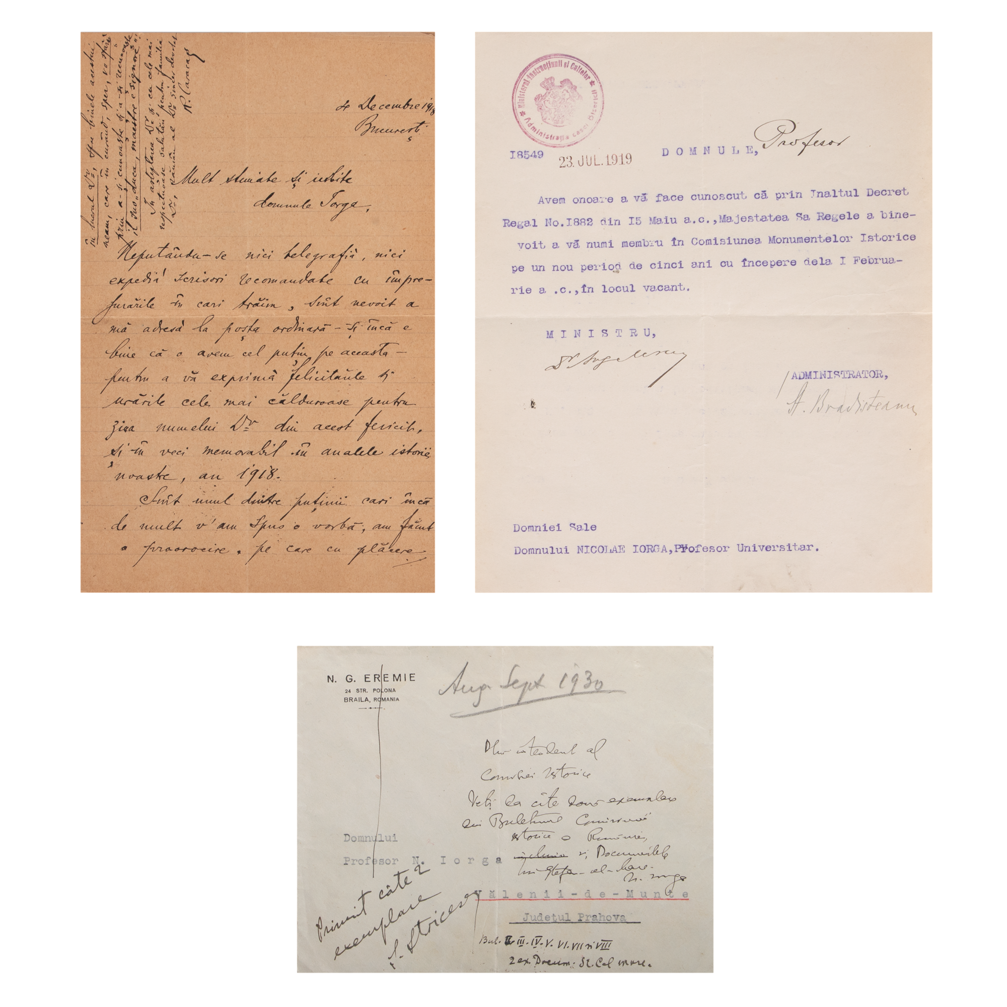 Lot format din două corespondențe adresate lui Nicolae Iorga și un plic original cu însemnări olografe ale istoricului, 1918-1930, provin din arhiva Remus Caracaș (2 file)