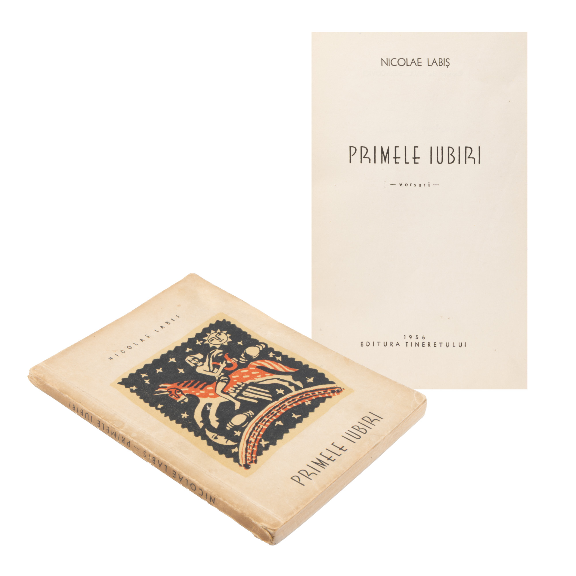 "First Loves" by Nicolae Labiș, first edition, with cover by Paul Miracovici, Bucharest, 1956