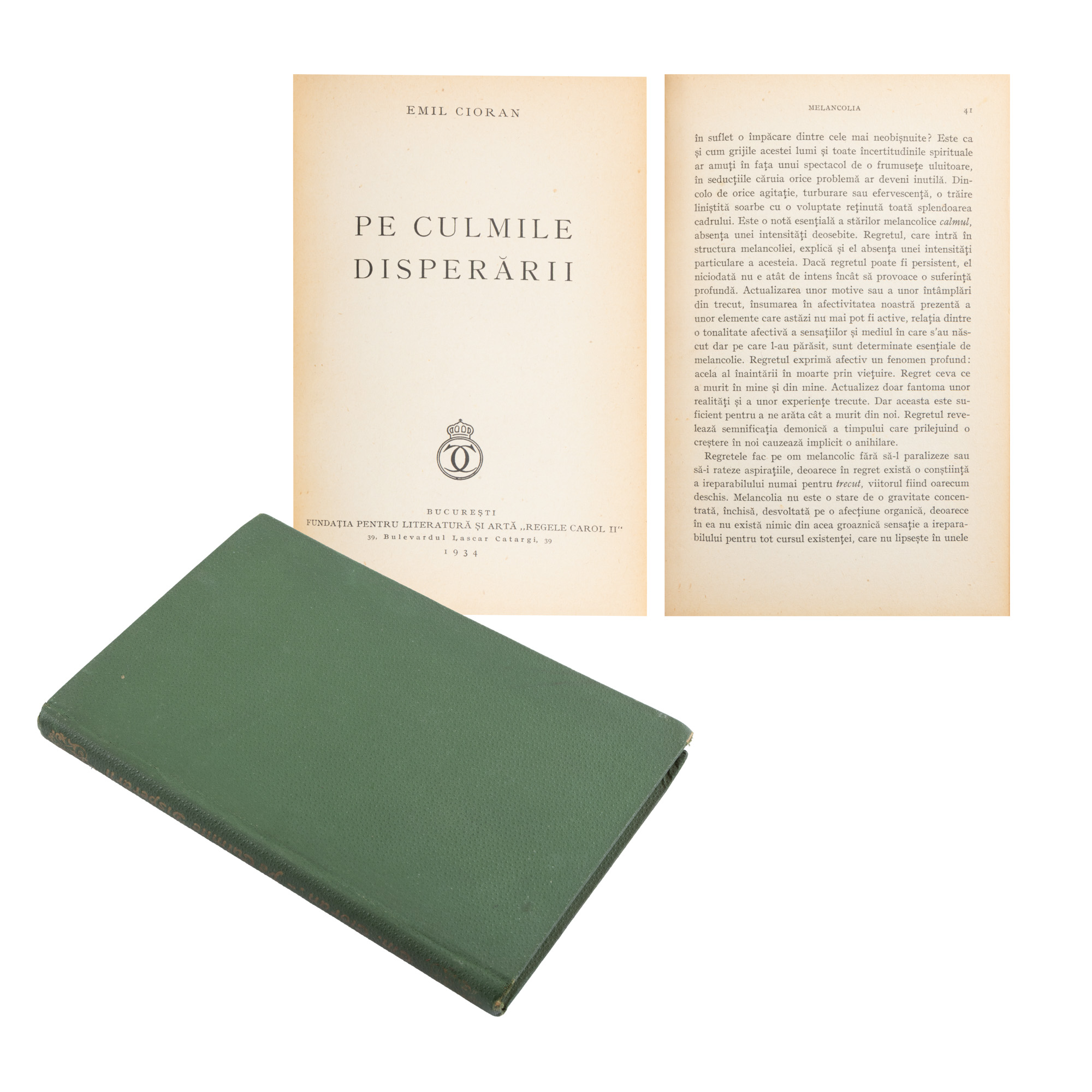 "On the Heights of Despair", by Emil Cioran, first edition, Bucharest, 1934