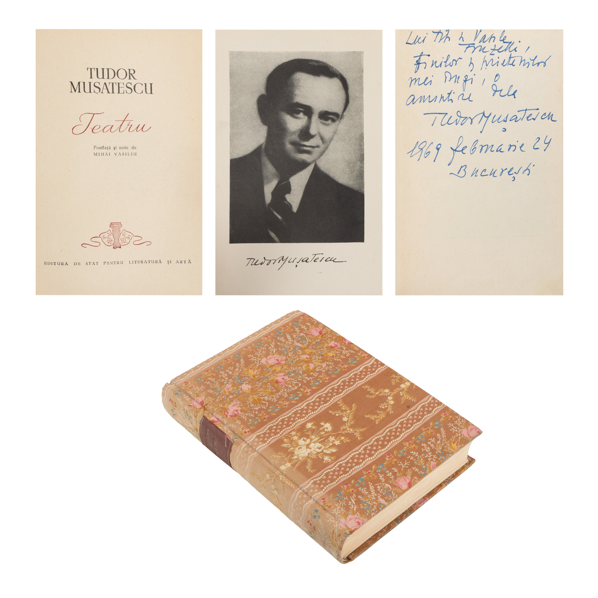”Teatru”, de Tudor Mușatescu, București, 1958, cu dedicația și semnătura olografe ale autorului