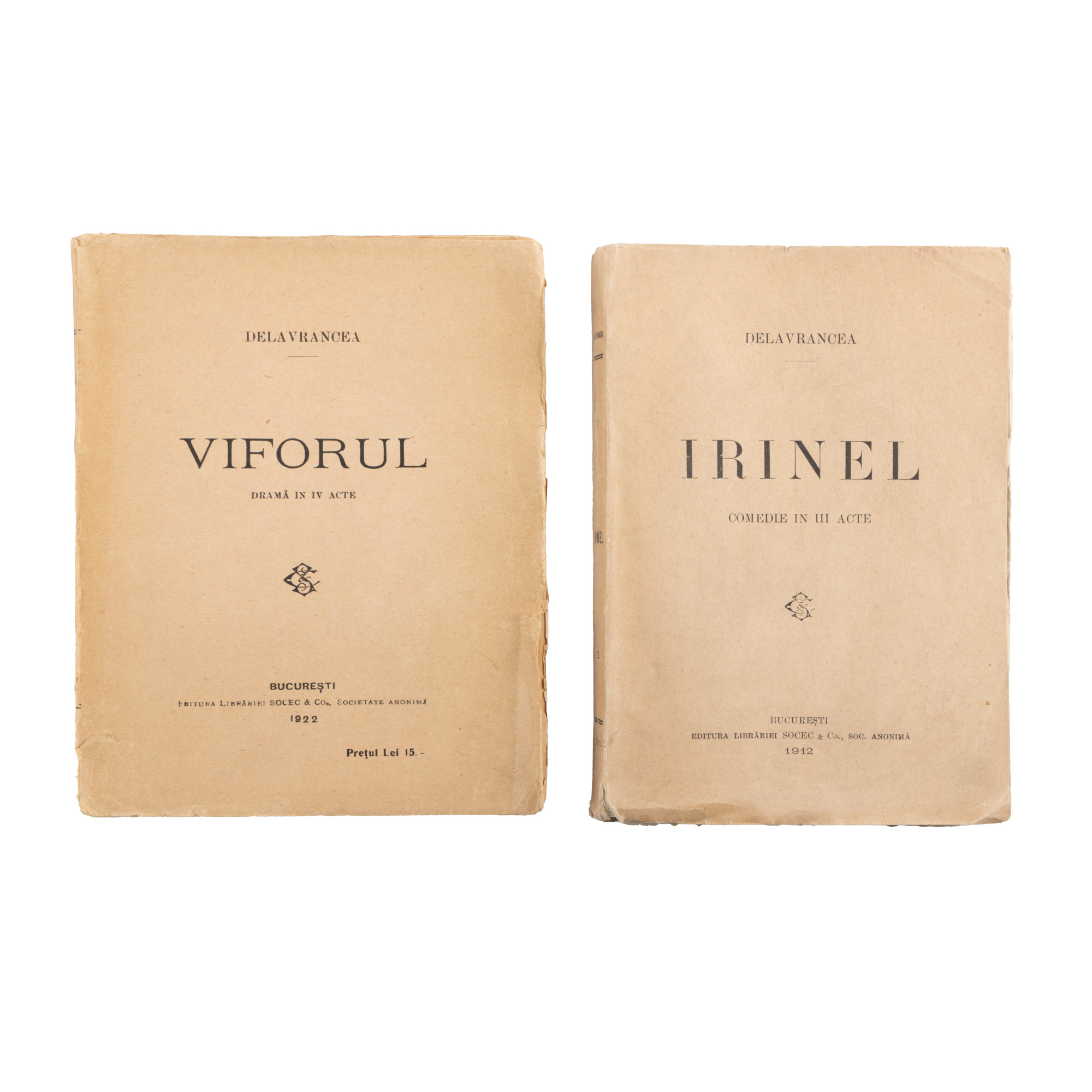 Lot format din ”Irinel”, ediție princeps și ”Viforul”, de Barbu Ștefănescu Delavrancea, București, 1912-1922