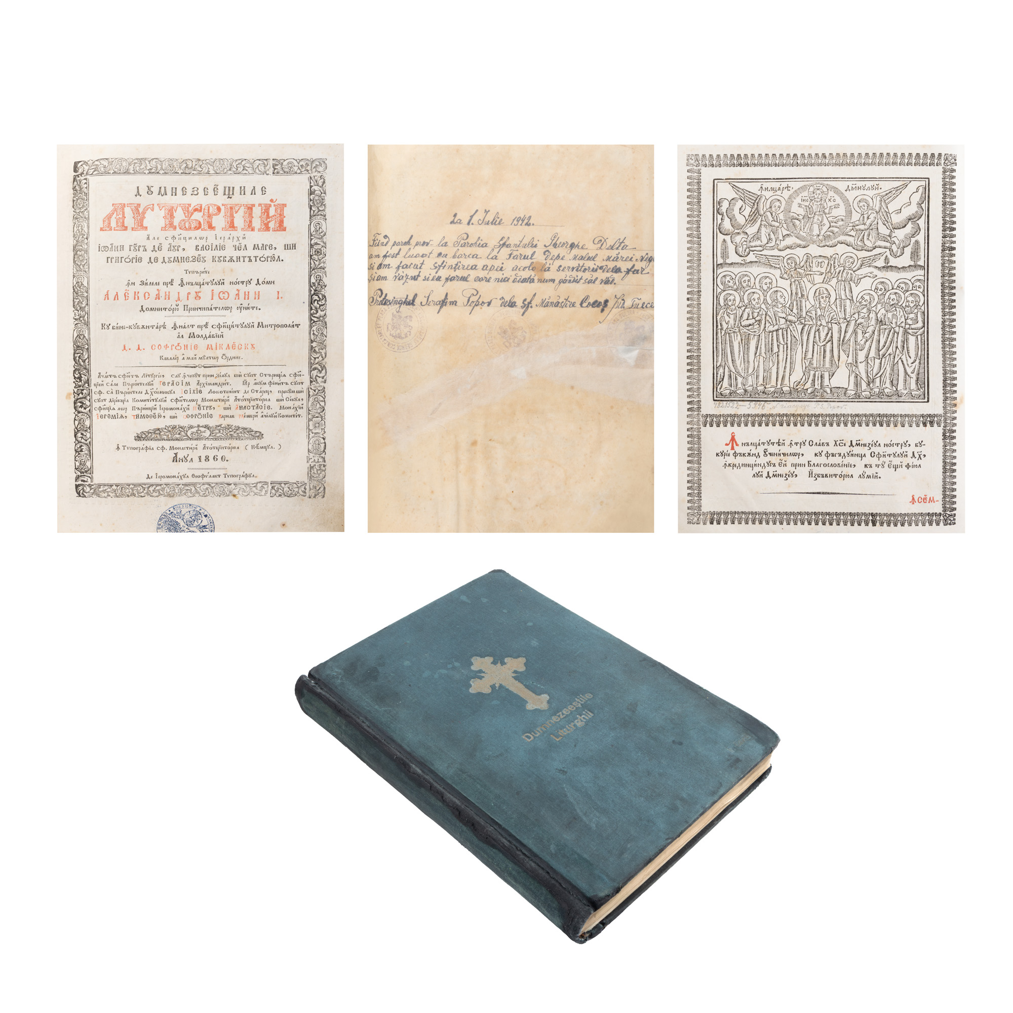 ”Dumnezeieștile Liturghii ale sfinților ierarhi Ioan Gura de Aur, Vasile cel Mare și Grigorie”, de mitropolitul Sofronie Miclescu, Neamț, 1860, primul liturghier tipărit în Principatele Unite sub domnia lui Alexandru Ioan Cuza
