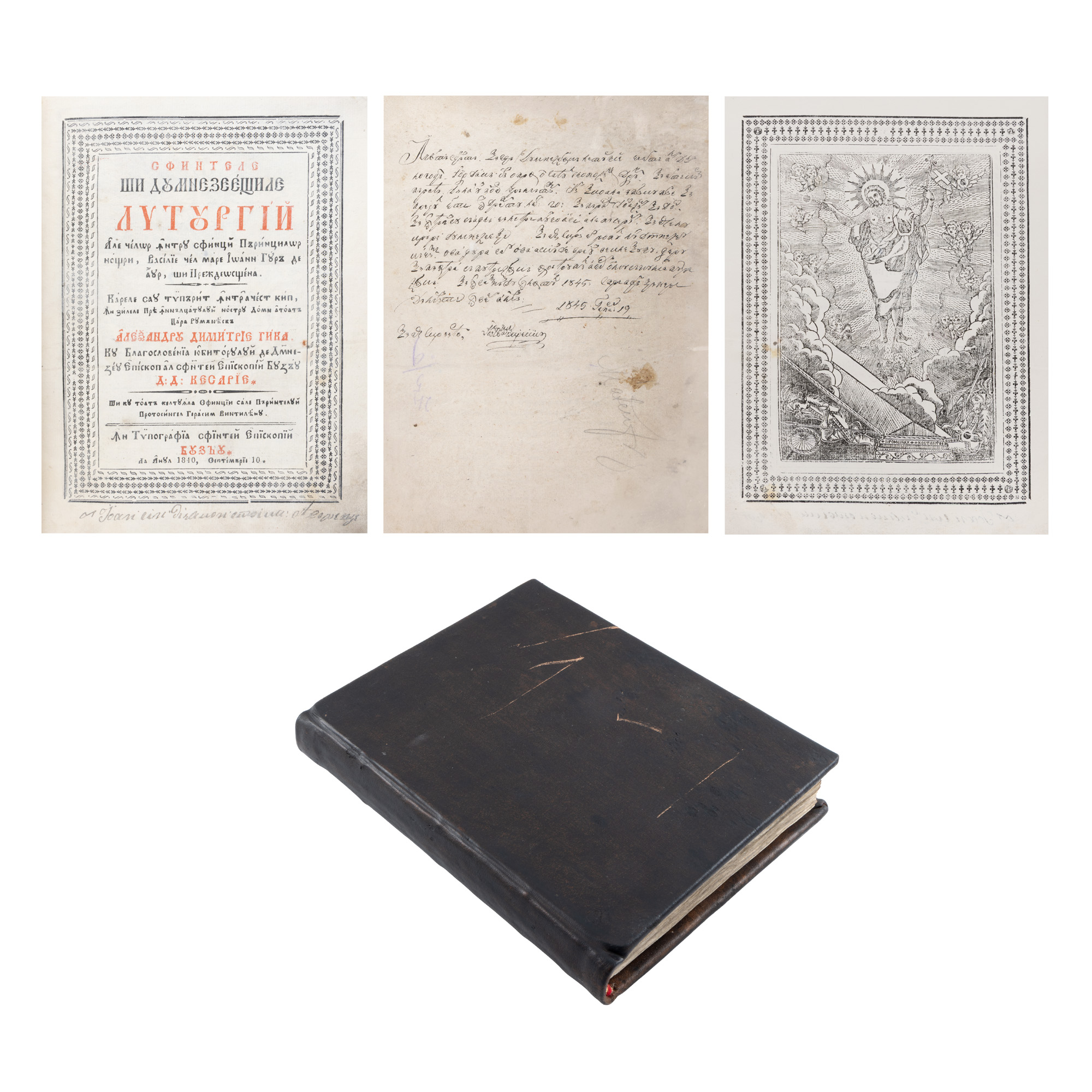 ”Sfintele și dumnezeieștile liturghii ale Sfinților Ioan Gură de Aur, Vasile cel Mare și Grigorie Teologul”, tipărit în timpul domniei lui Alexandru Dimitrie Ghica, Buzău, 1840