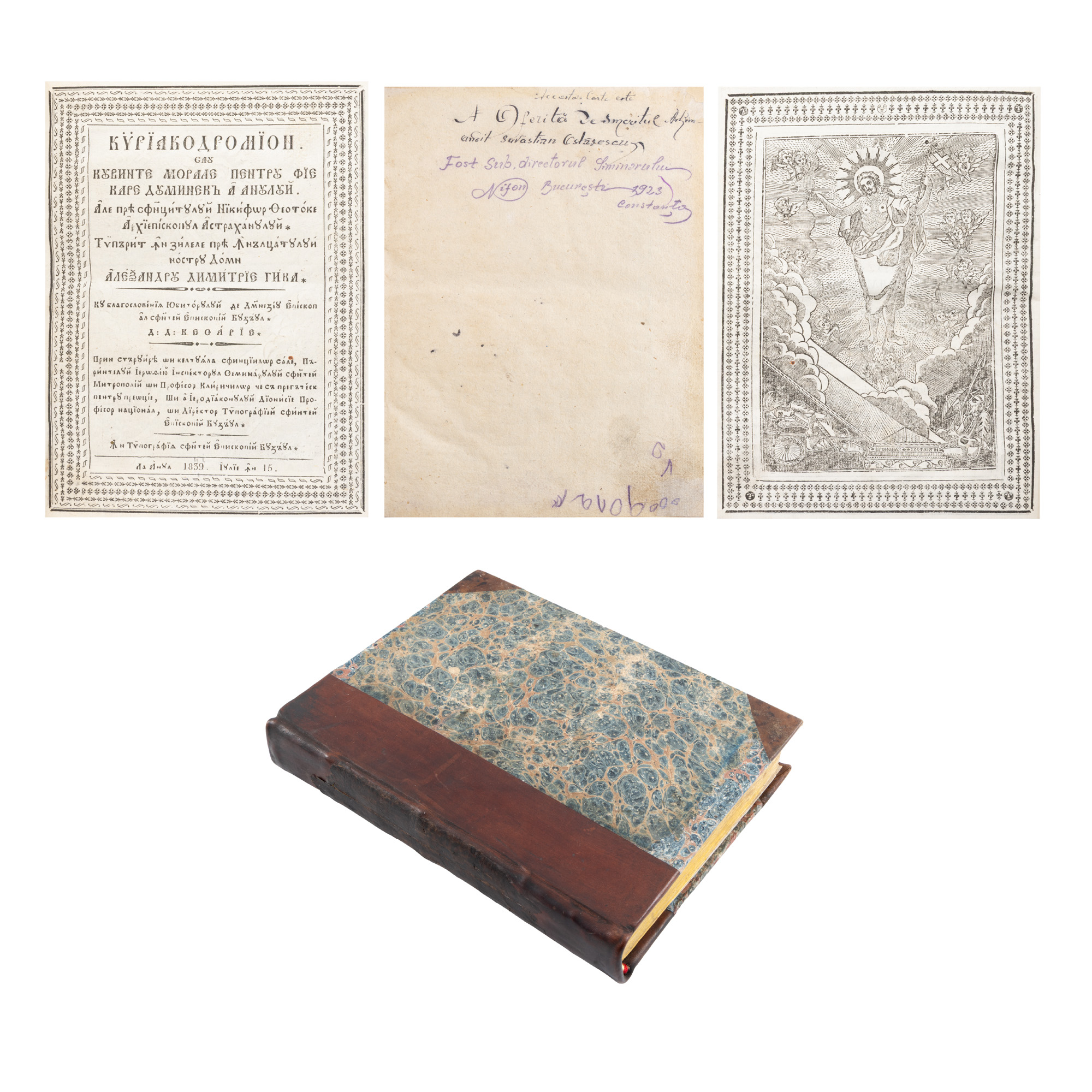 ”Chiriacodromion sau cuvinte morale pentru fiecare duminecă a anului ale prea sfințitului Nichifor Teotoche, arhiepiscopul Astrahanului”, Buzău, 1839, cu patru gravuri dintre care trei în text