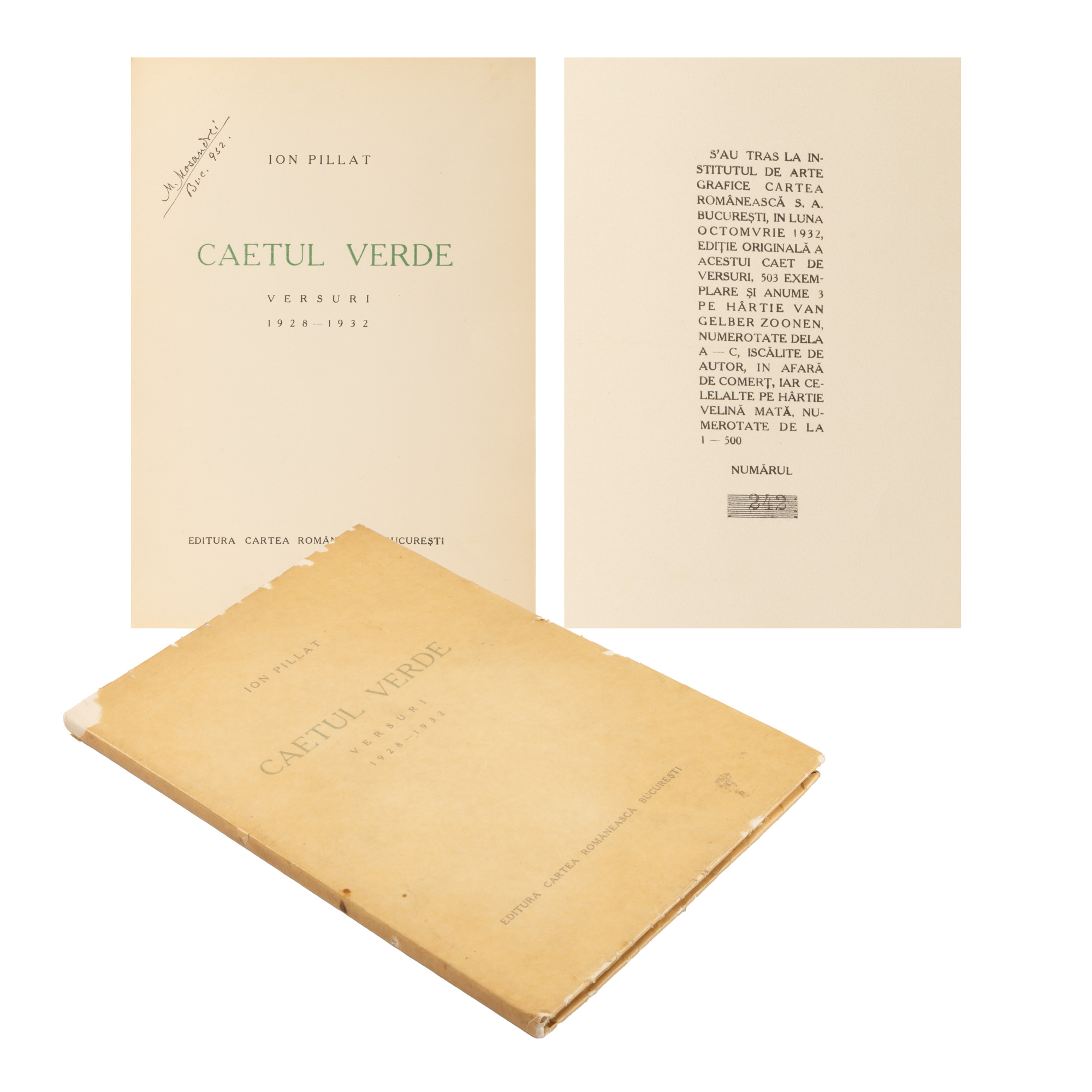 "Green Notebook" by Ion Pillat, first edition, Bucharest, 1932, copy 242, with ex libris