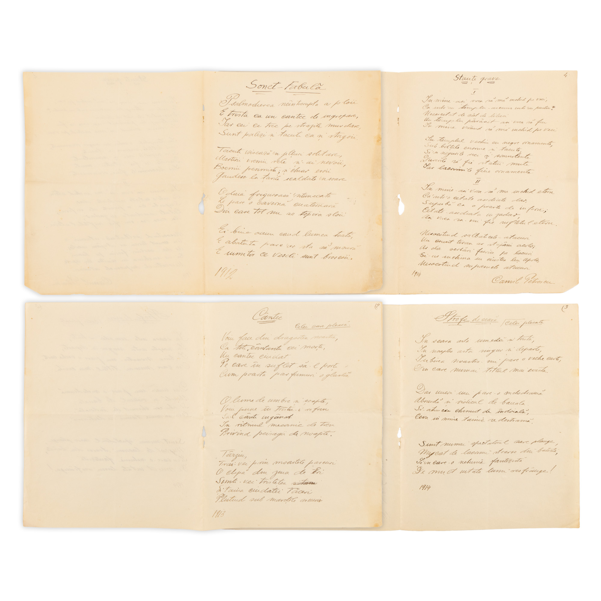 Lot format din patru manuscrise ale lui Camil Petrescu, 1912-1914 (4 file)