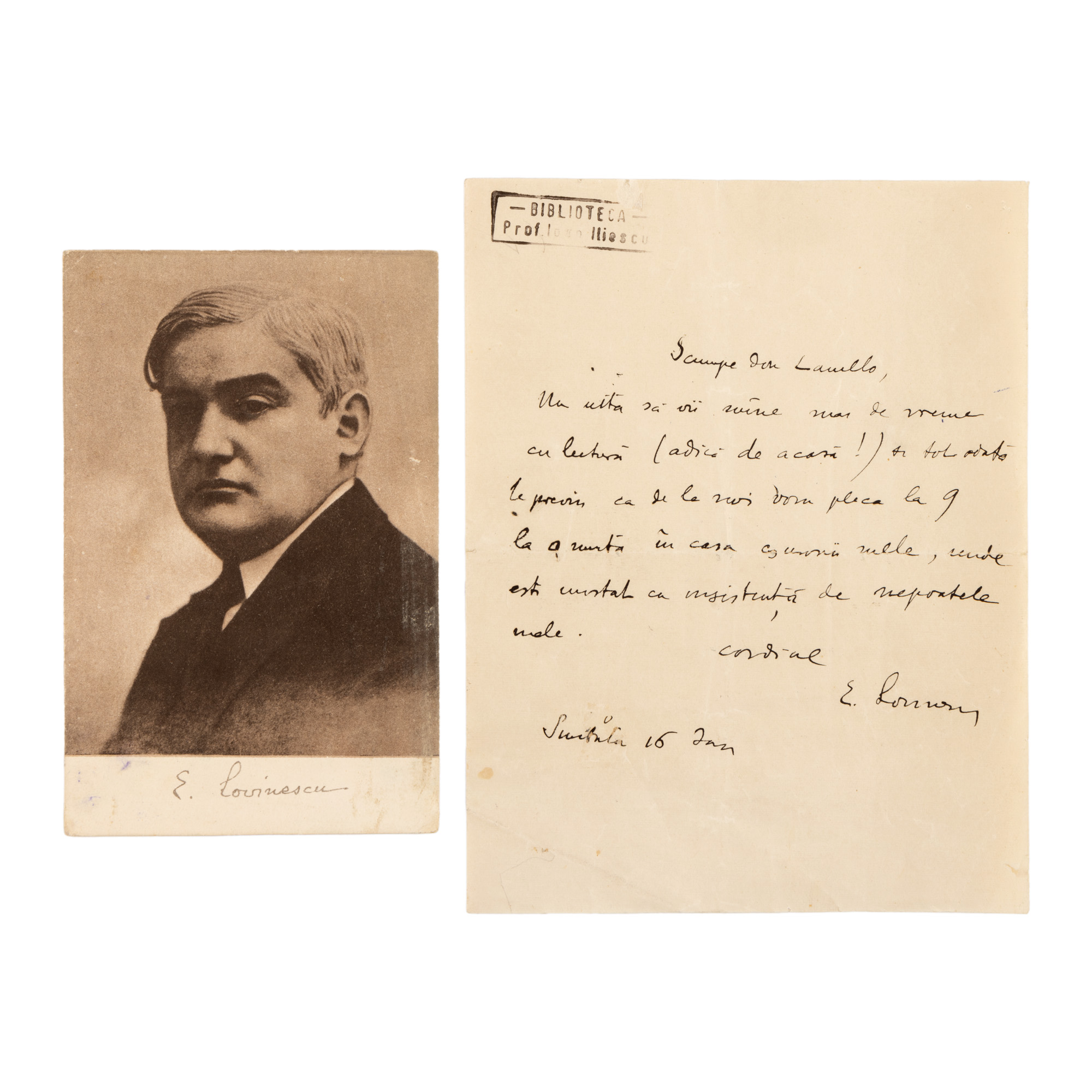 Lot format din o fotografie și o scrisoare redactată de Eugen Lovinescu, cu ex libris, provine din colecția prof. univ. Ion Iliescu
