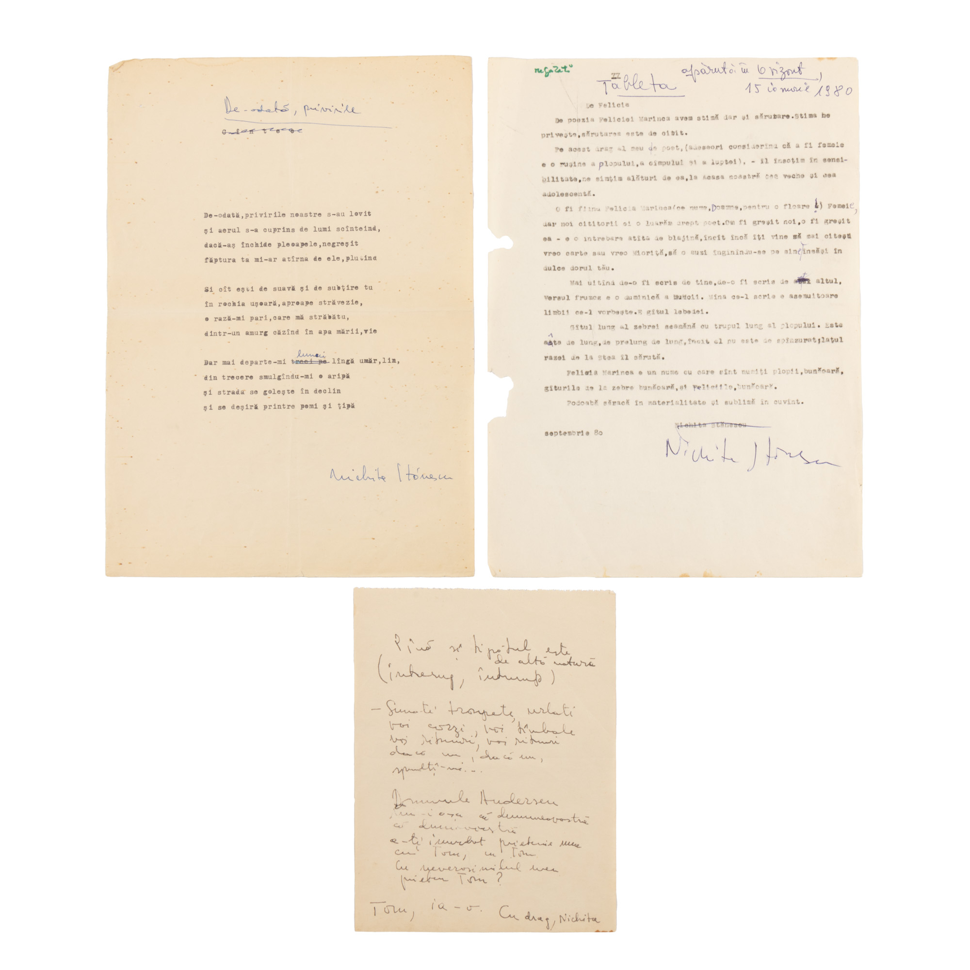 Lot consisting of three manuscripts drafted by Nichita Stănescu, cca. 1980 (3 pieces)