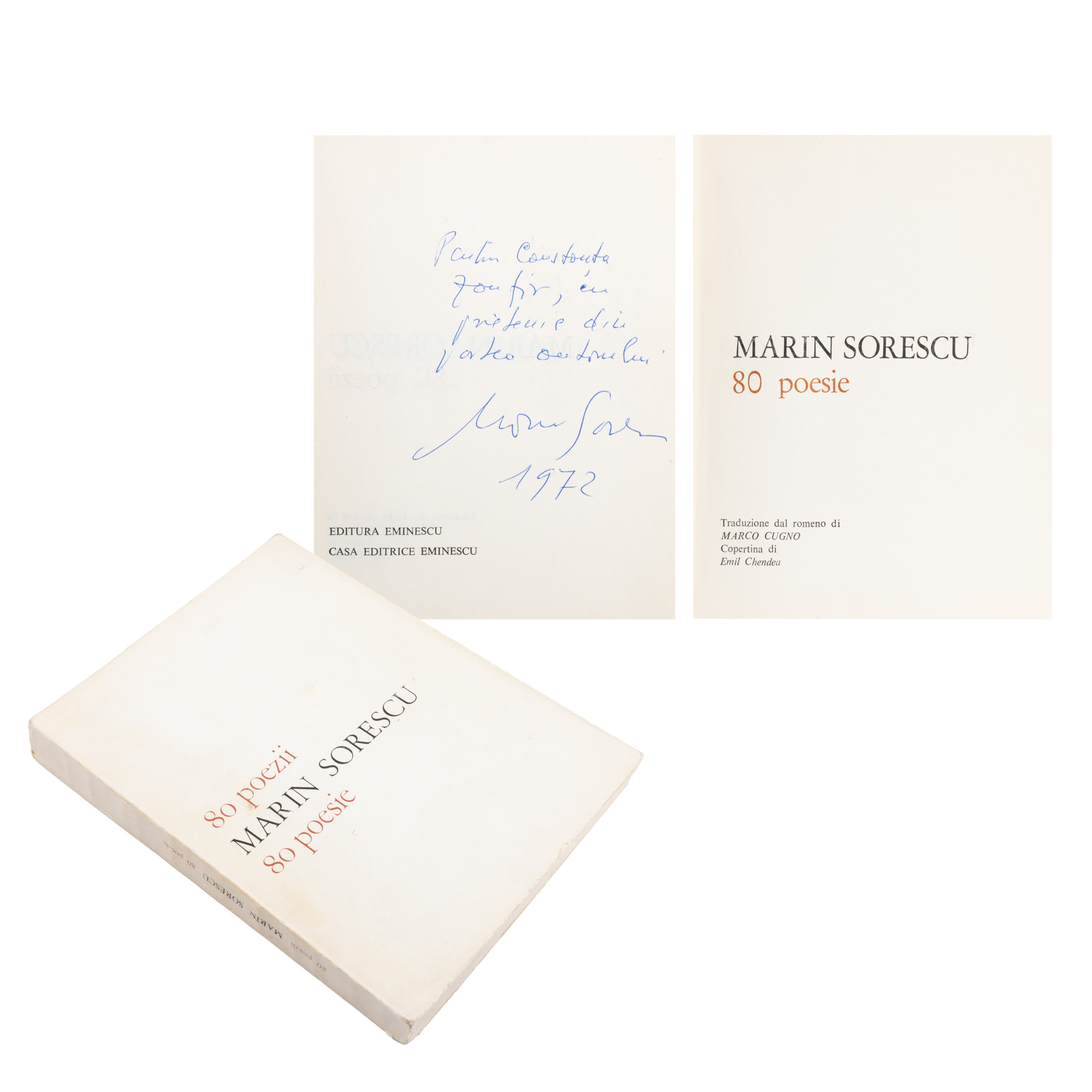 ”80 de poezii”, de Marin Sorescu, română și italiană, 1972, cu dedicația și semnătura olografe ale autorului