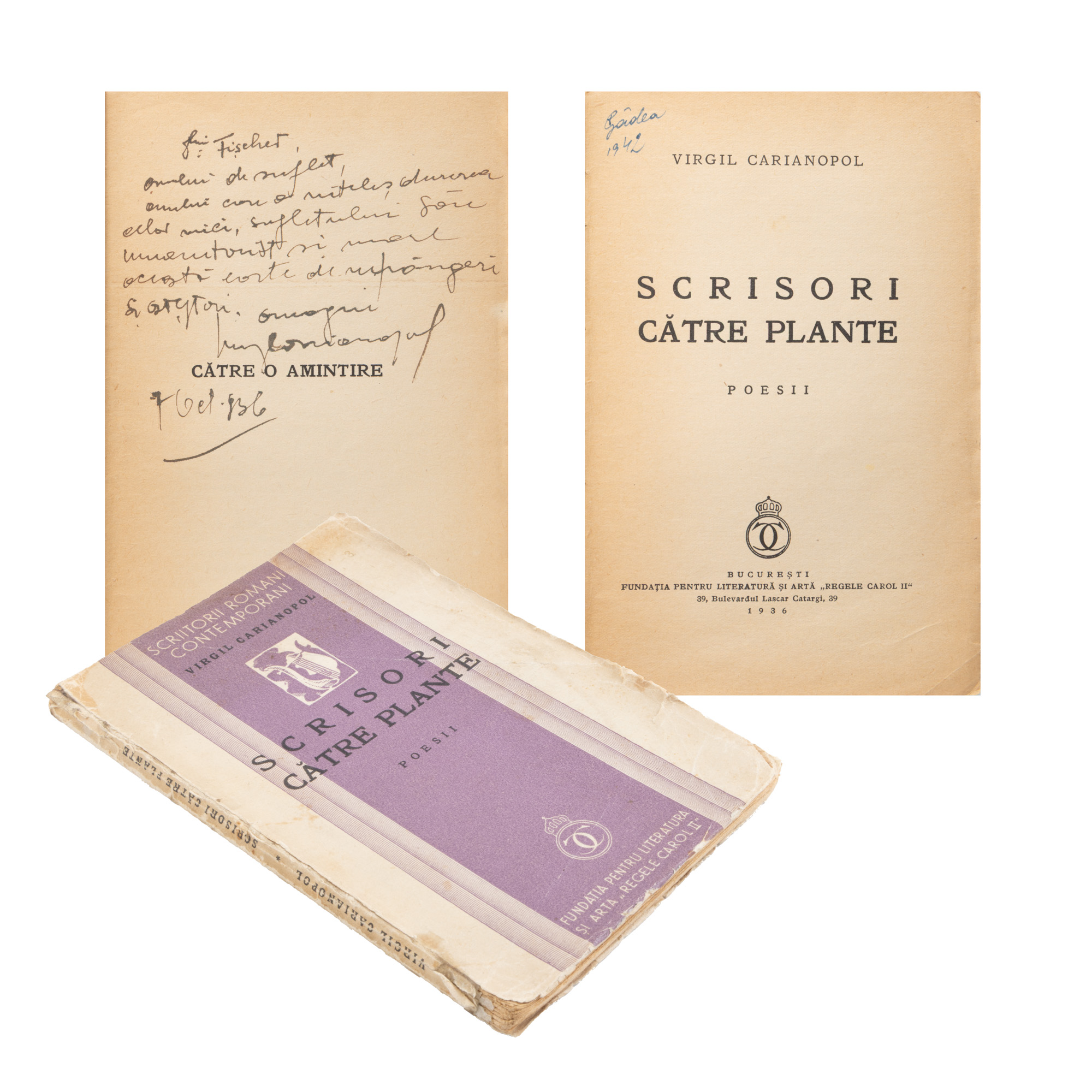 "Letters to Plants" by Virgil Carianopol, first edition, Bucharest, 1936, with the dedication and handwritten signature of the author