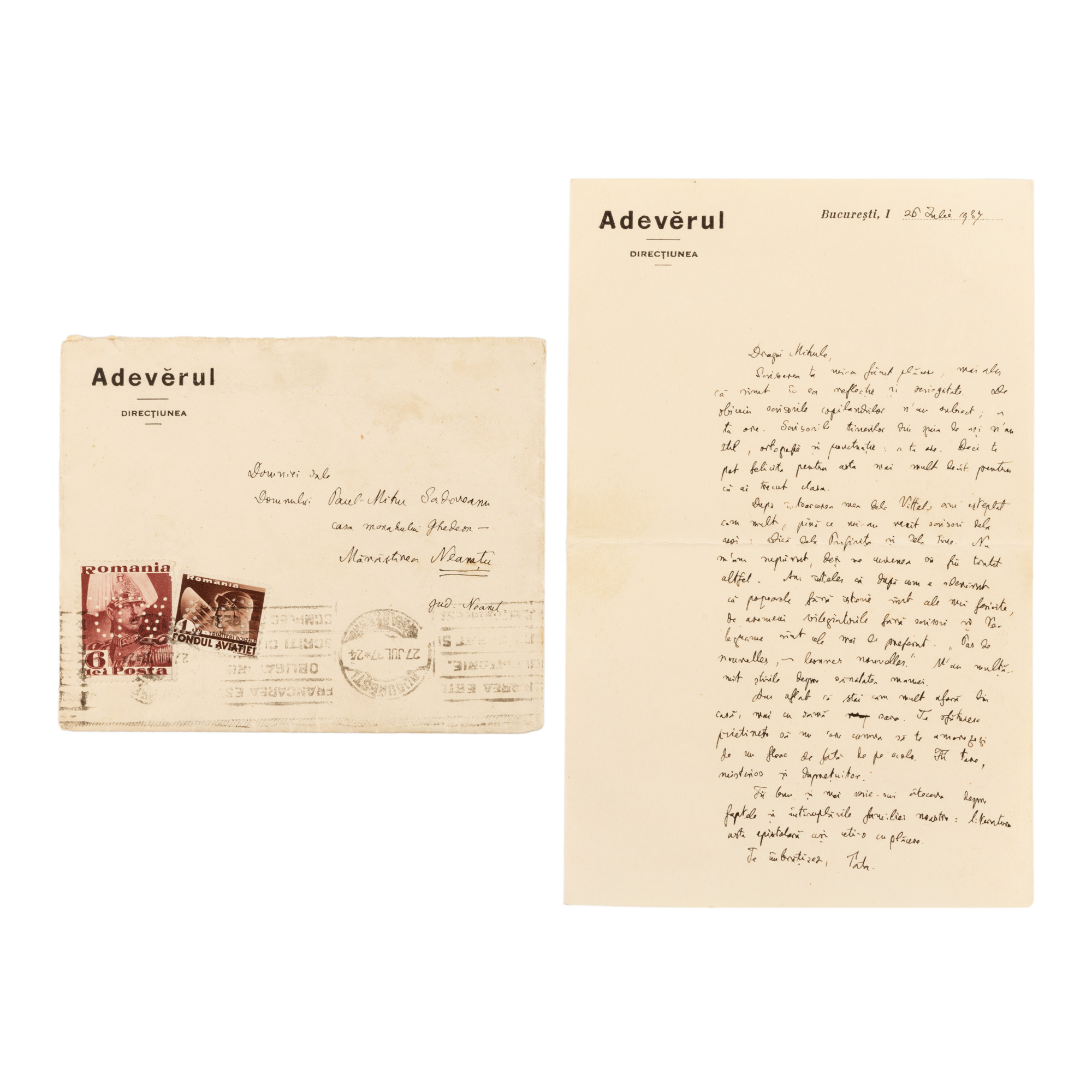 Scrisoare trimisă de Mihail Sadoveanu către fiul său, 26 iulie 1937, alături de plicul original (o filă)