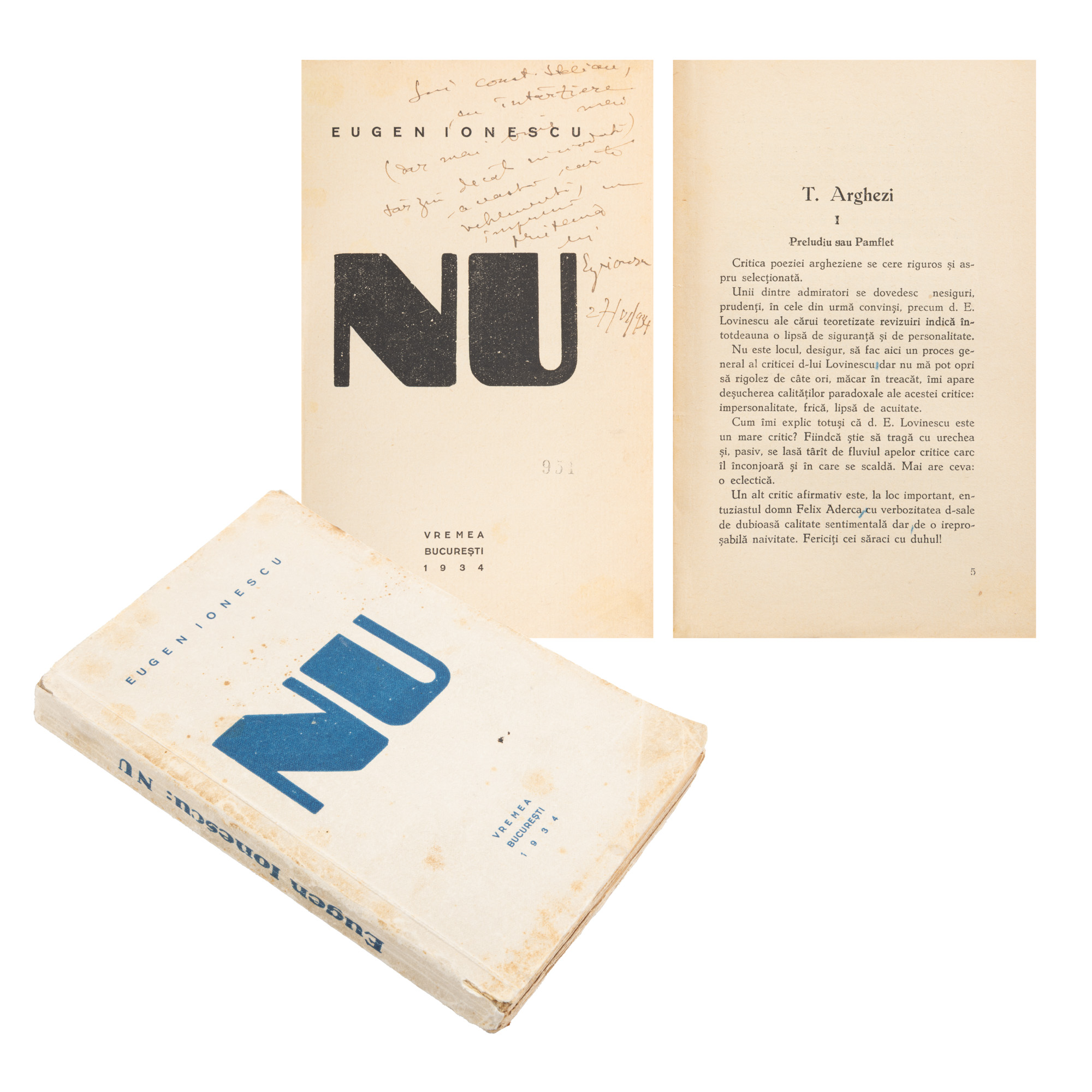 ”Nu”, de Eugen Ionescu, ediție princeps, București, 1934, exemplar 951, cu dedicația și semnătura olografe ale autorului