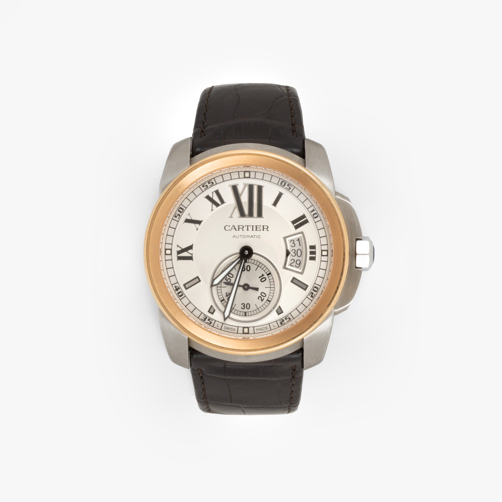 Ceas Cartier Calibre de Cartier, din aur și oțel, de mână, bărbătesc, însoțit de cutia originală, manual de utilizare și CD broșură 