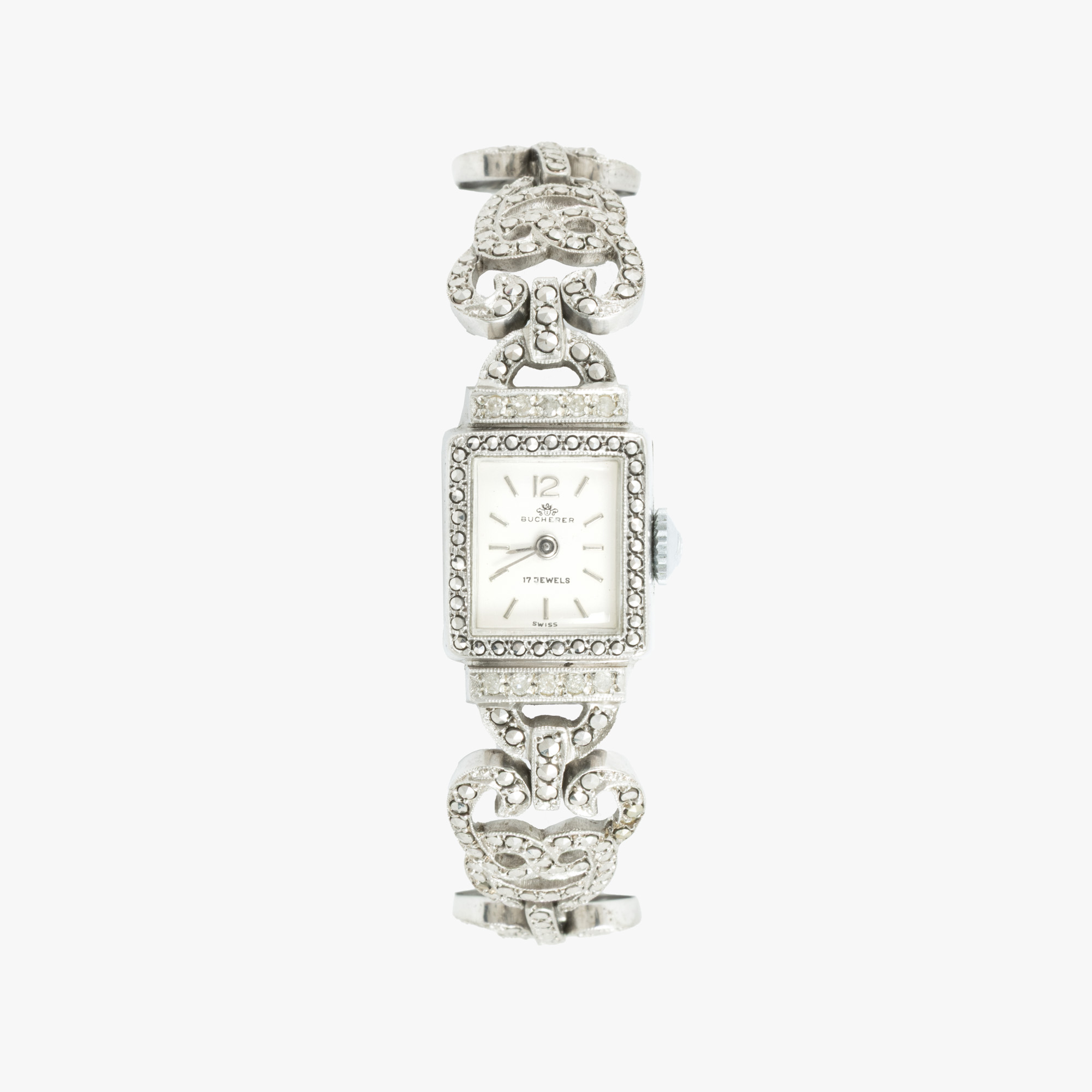 Ceas Bucherer, din argint cu diamante și marcasite, de mână, de damă