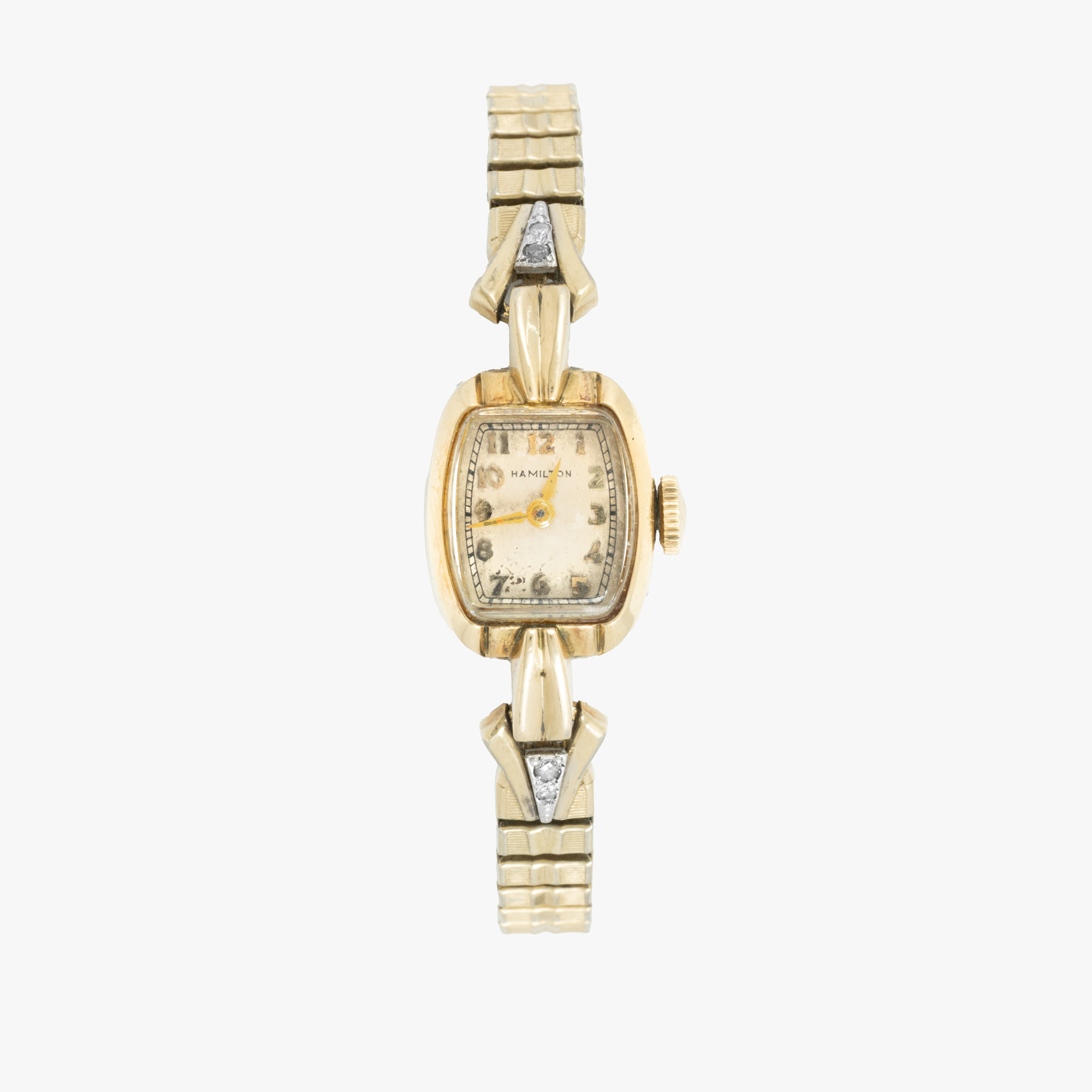Rare Hamilton watch, bi-colored gold-plated steel, with diamonds, hand-held, for women, accompanied by the original box, warranty certificate and user manual