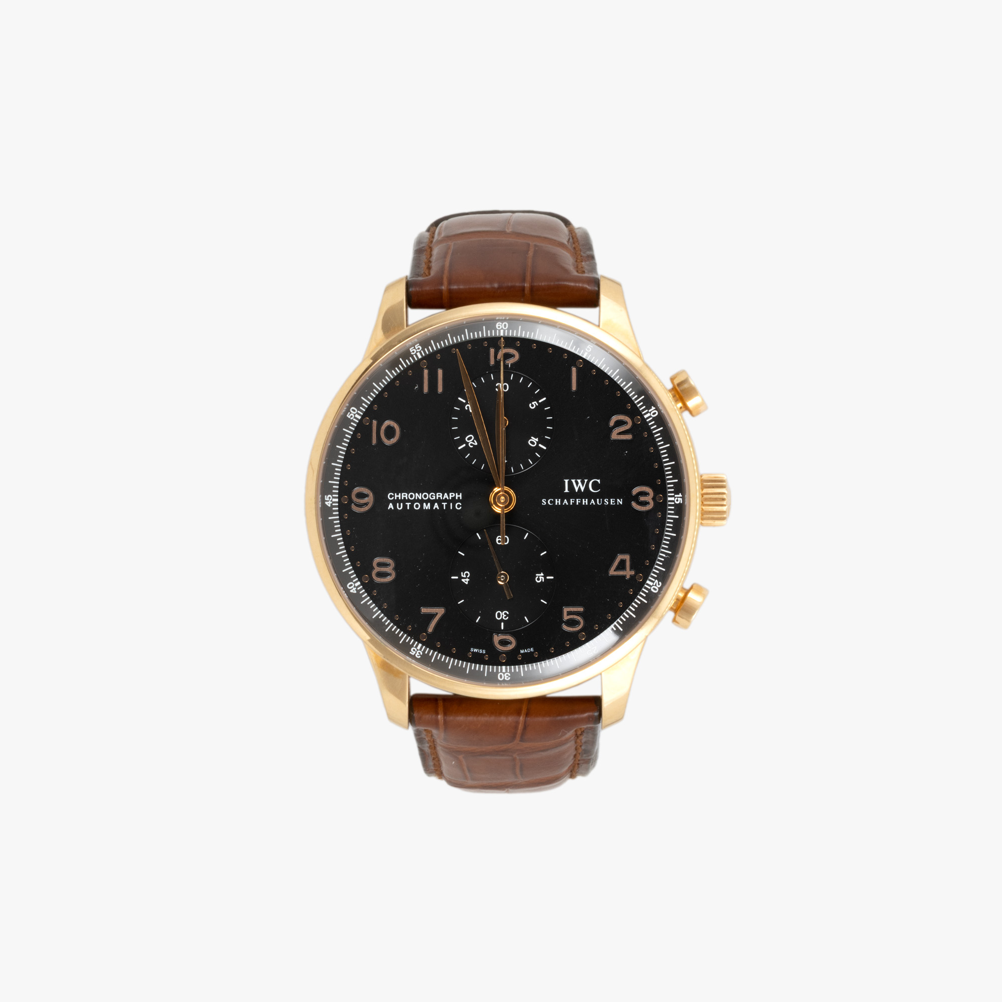 Ceas IWC Portuguese Chronograph, din aur, de mână, bărbătesc, însoțit de cutia originală, carte de garanție și service, broșură