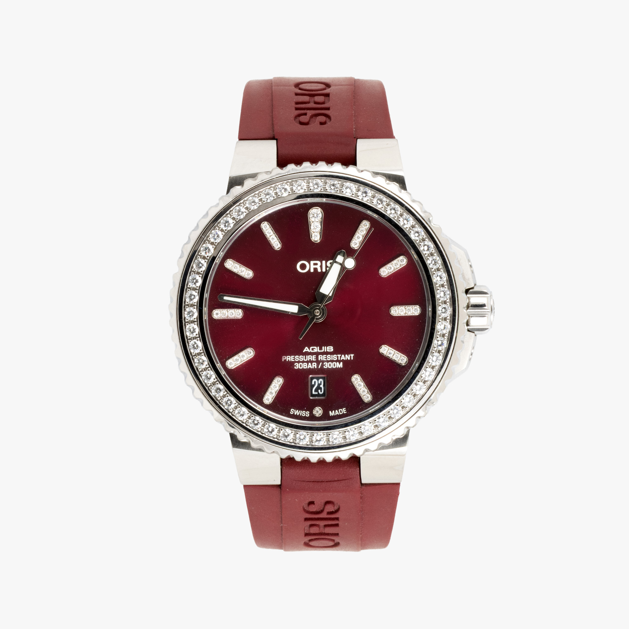 Ceas Oris Aquis Date Diamons, cu diamante de laborator, de mână, unisex, însoțit de cutia originală, card de garanție și certificat pentru diamante