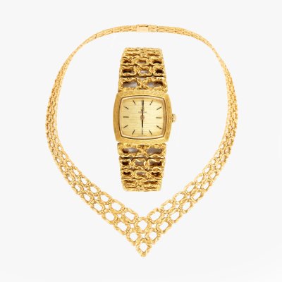 Very rare set composed of necklace and Omega watch, Gilbert Albert design, made of gold, for ladies, accompanied by storage box, collection lot