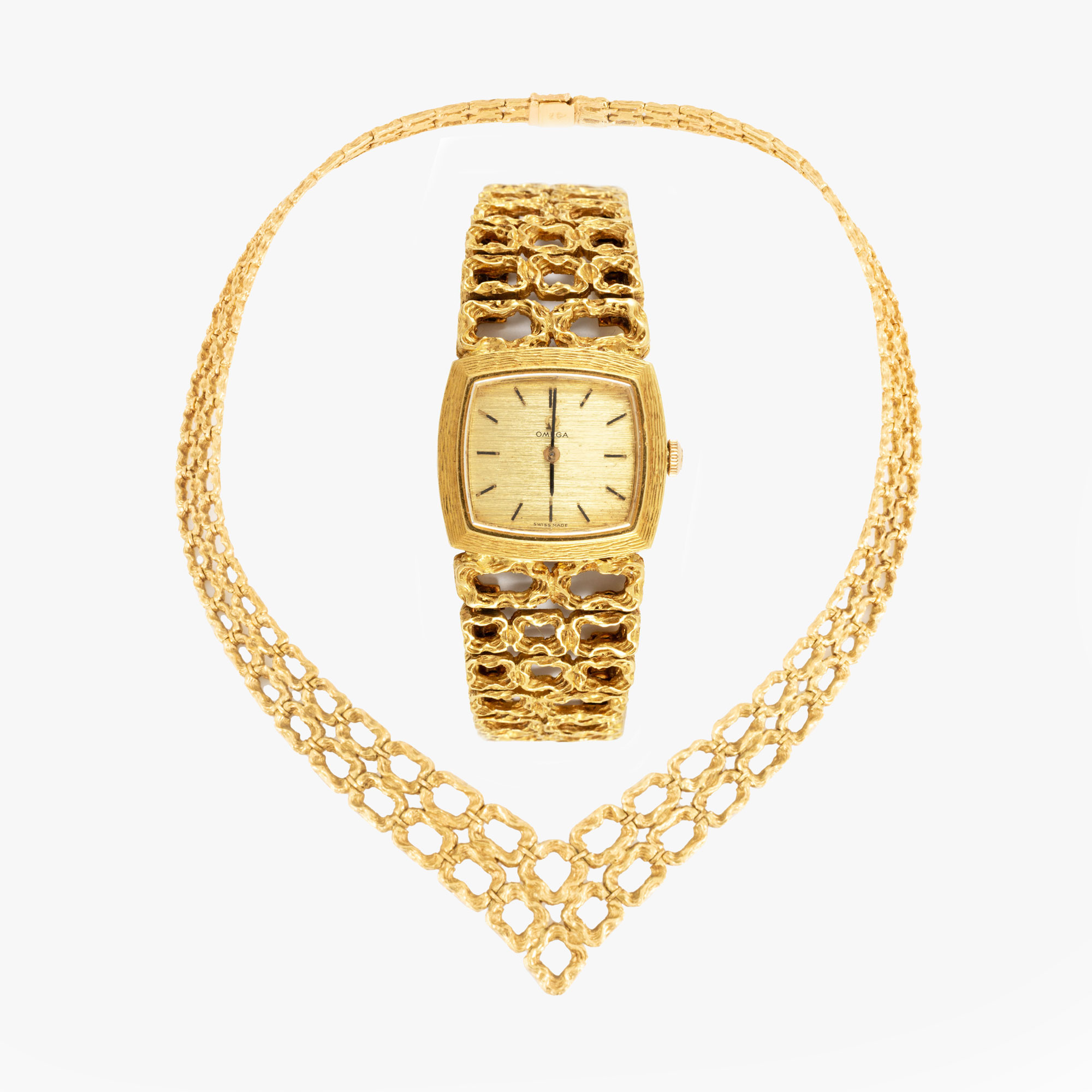 Foarte rar set format din colier și ceas Omega, design Gilbert Albert, din aur, de damă, însoțit de cutie de depozitare, lot de colecție