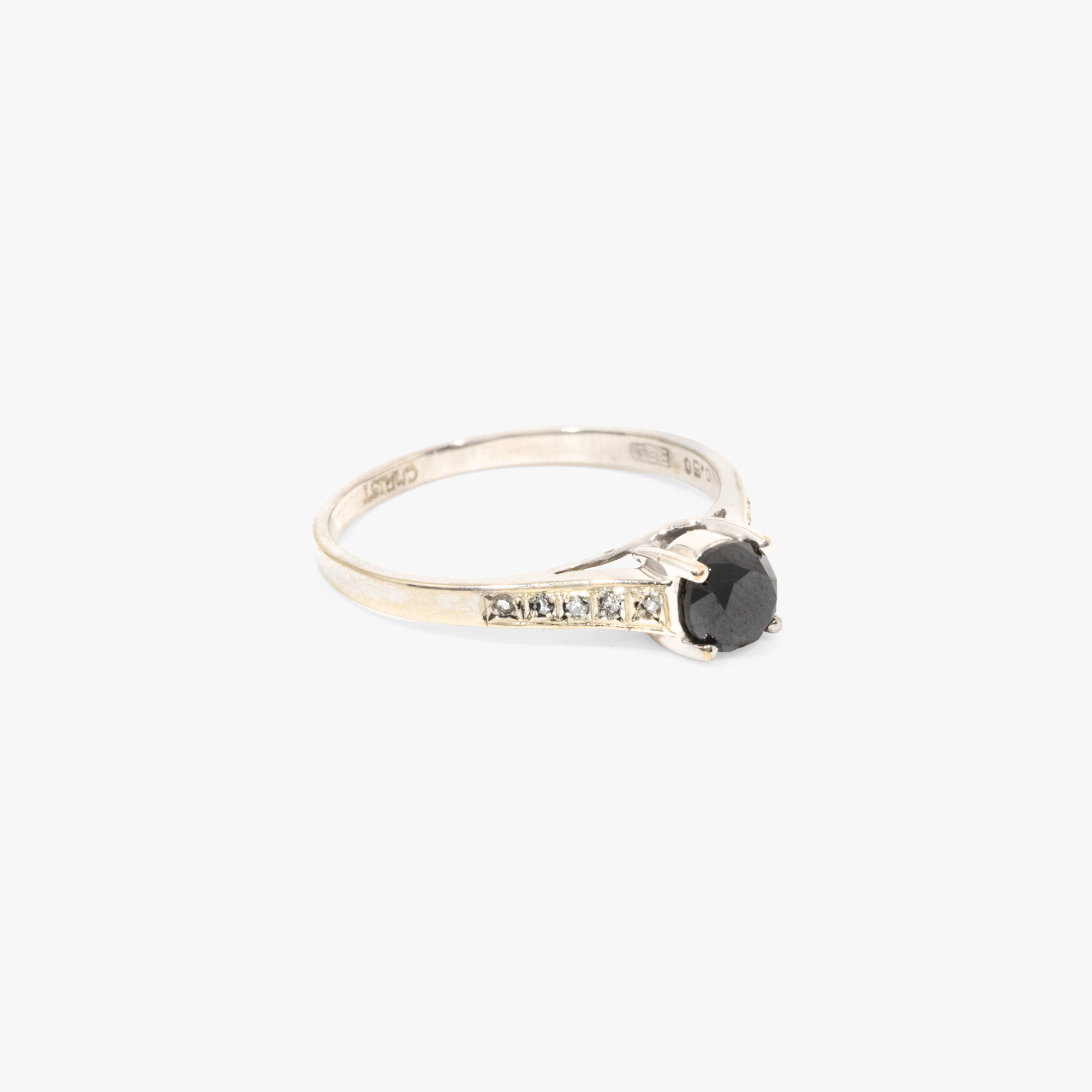 White Gold Christ Ring, decorated with black diamond, surrounded by diamonds