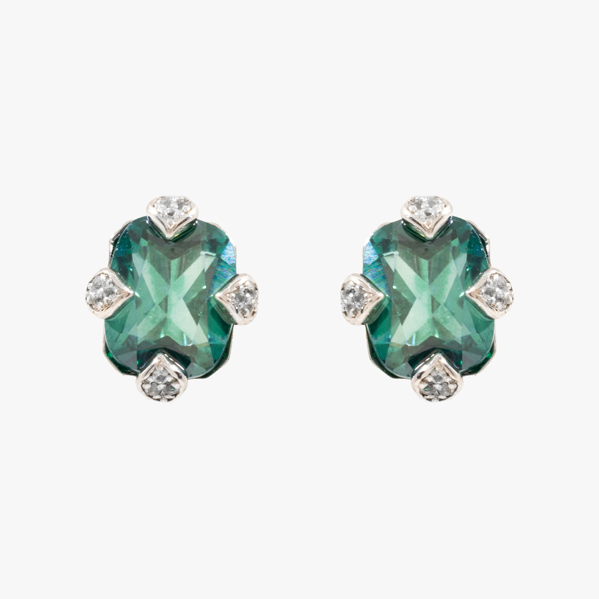 Pair of silver earrings, decorated with green topaz and diamonds