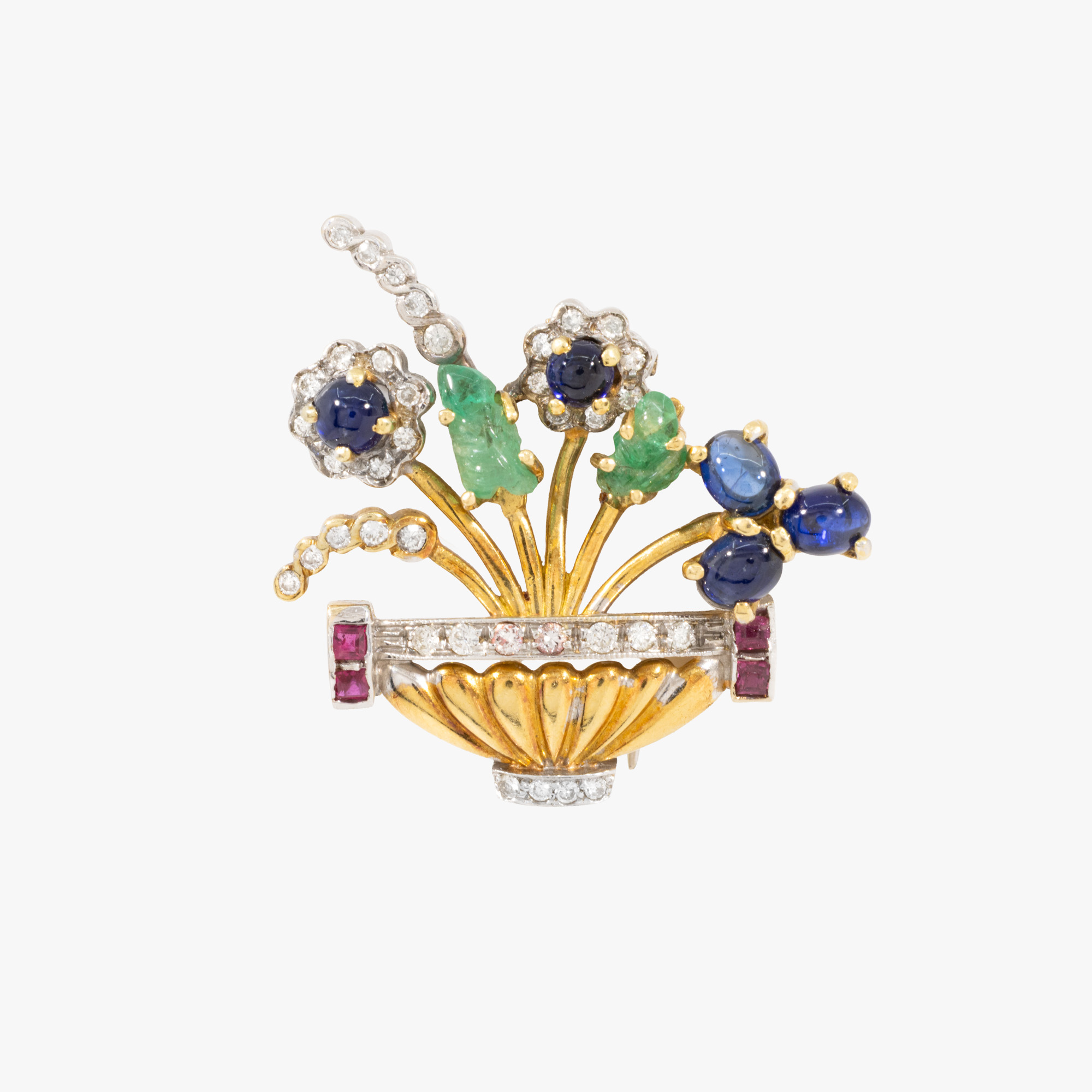 Gold brooch in the shape of a flower basket, decorated with sapphires, emeralds, rubies, and diamonds, accompanied by an additional gemological certificate