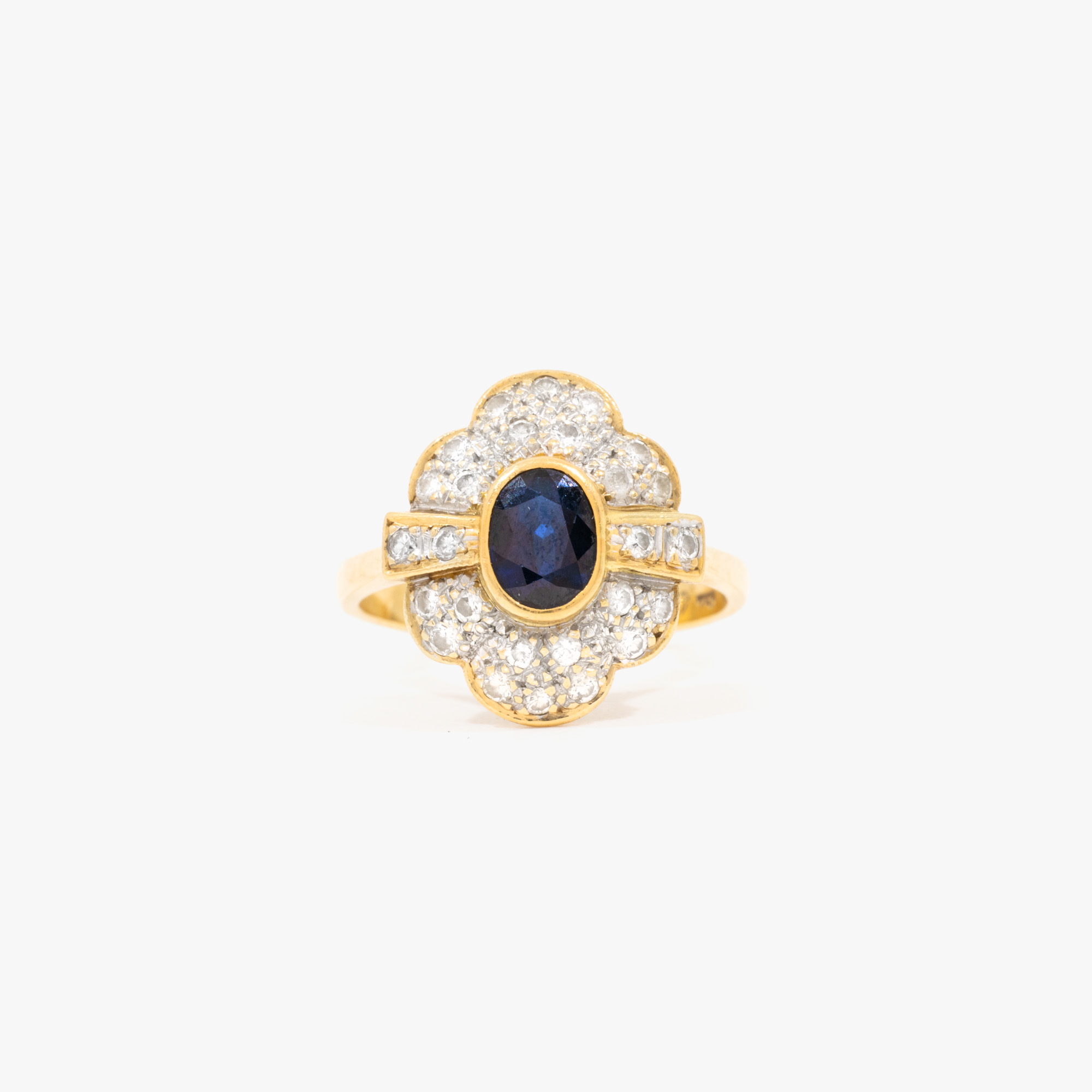 Art Deco style gold ring, decorated with sapphire and diamonds