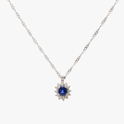 Platinum chain with pendant, decorated with sapphire and diamonds