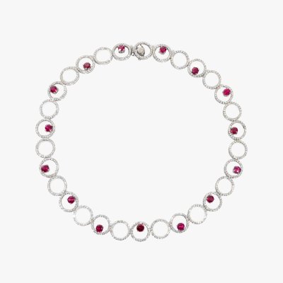 White gold necklace, paved with diamonds and pink spinals, accompanied by an additional gemological certificate
