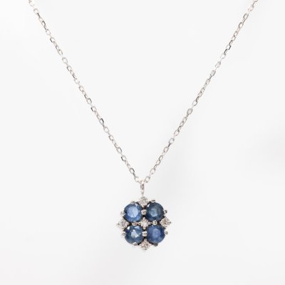 White gold chain with pendant, decorated with sapphires and diamonds