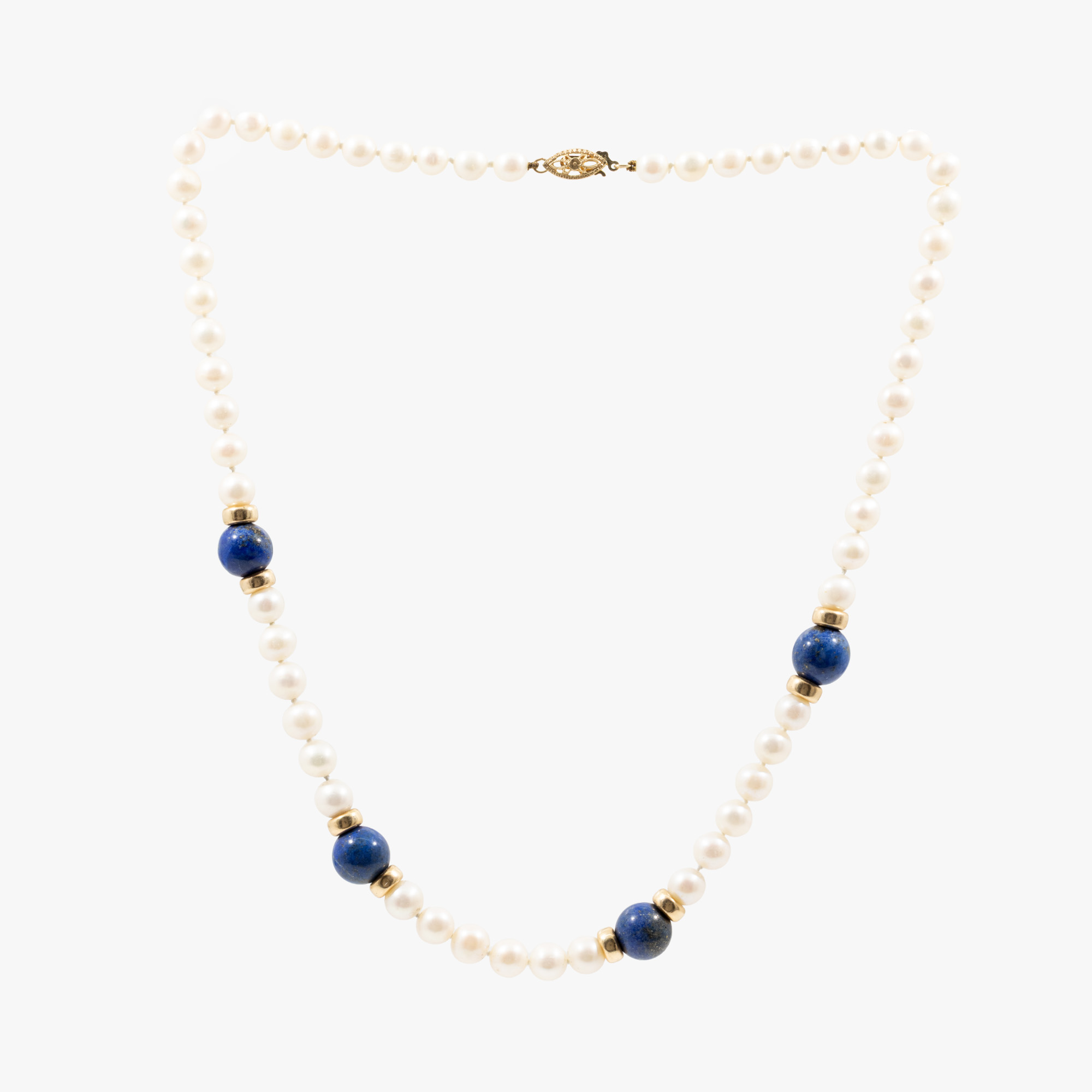 Akoya pearl necklace, adorned with lapis lazuli and gold
