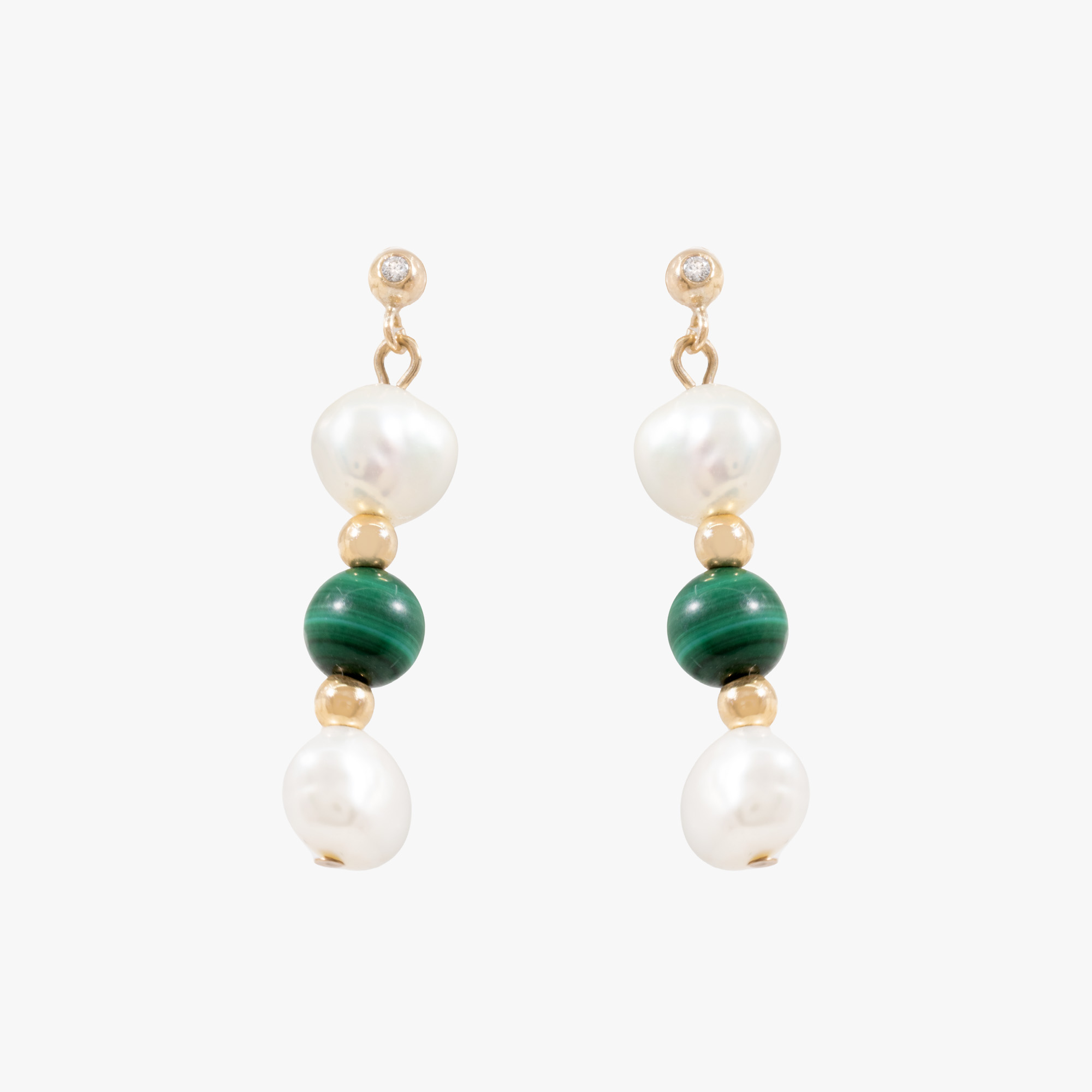 Pair of gold earrings decorated with malachite, pearls and diamonds