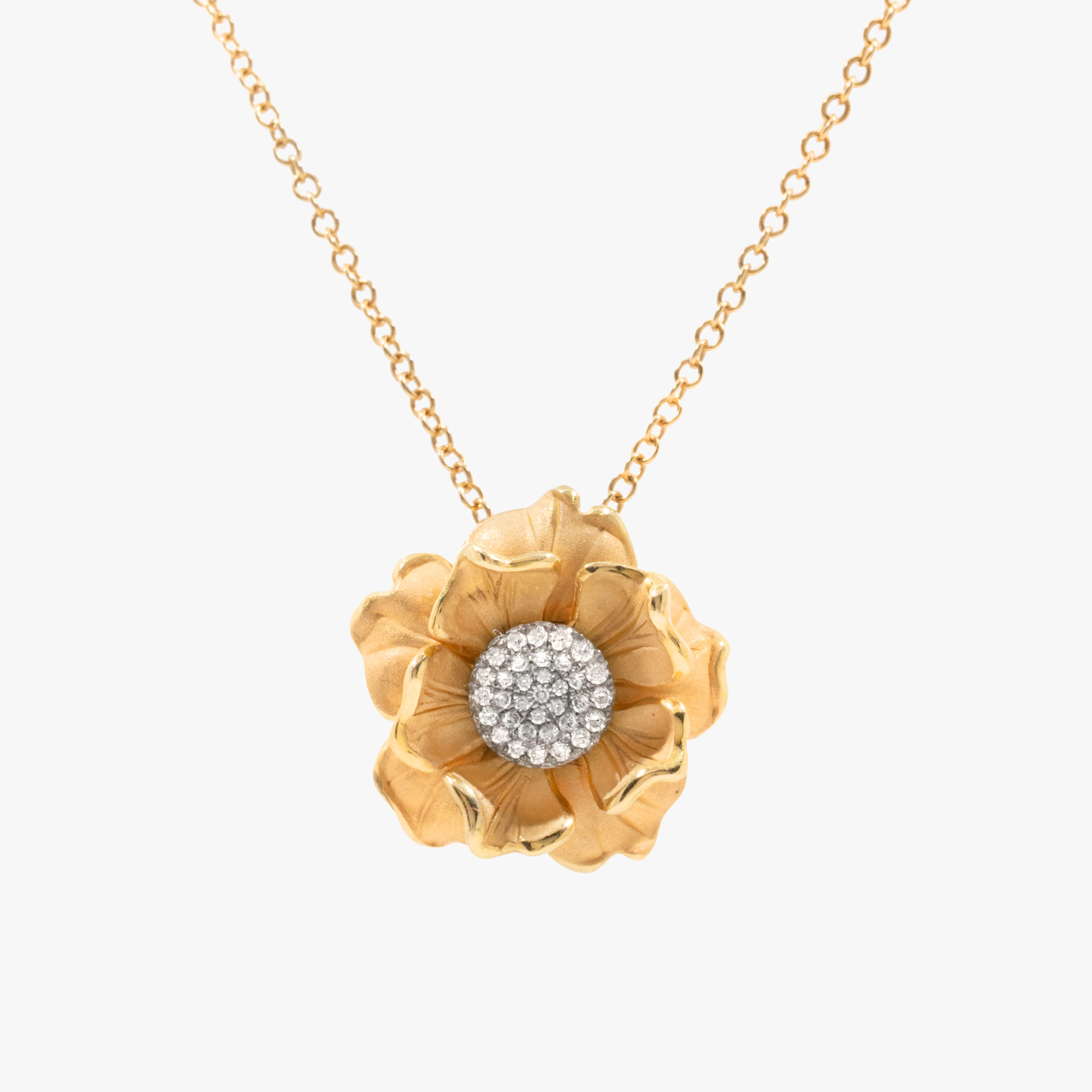Bicolor gold chain with flower-shaped pendant, paved with diamonds
