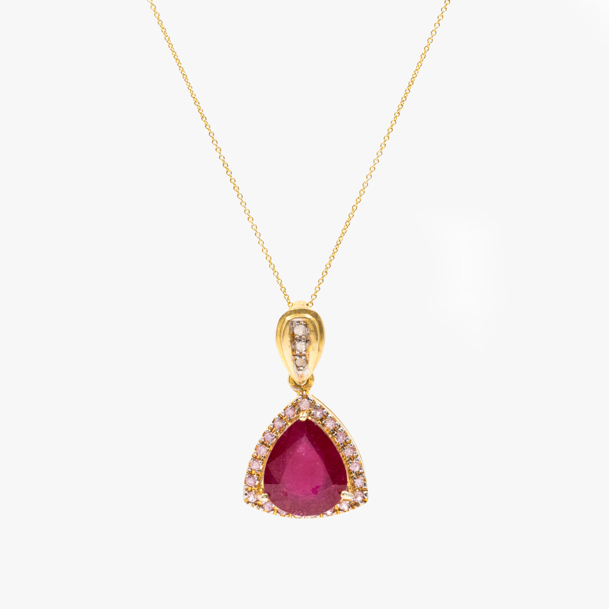 Gold chain with silver pendant, decorated with diamonds, ruby and pink sapphires