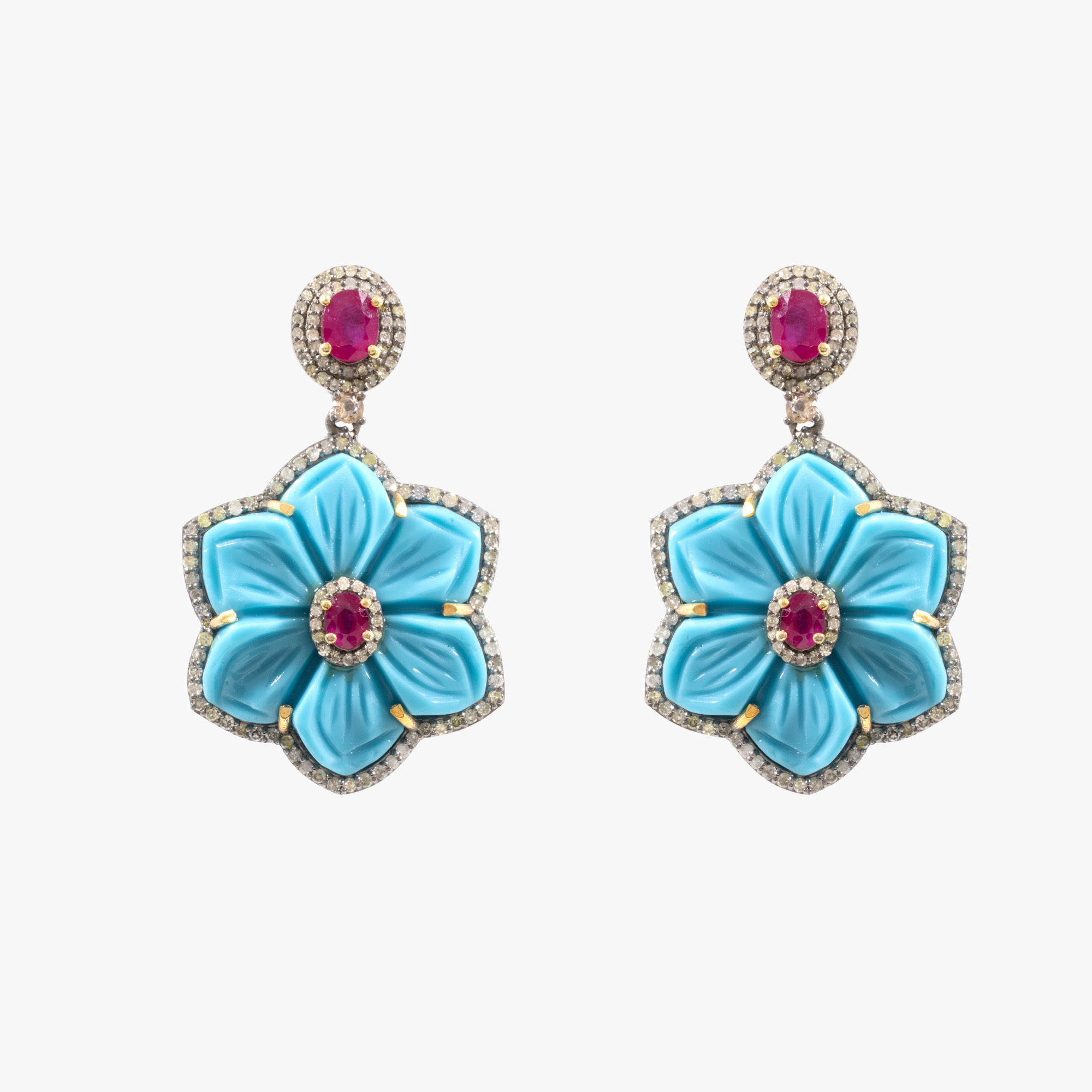 Pereche de cercei din argint, realizată în model floral, decorată cu diamante și rubine
