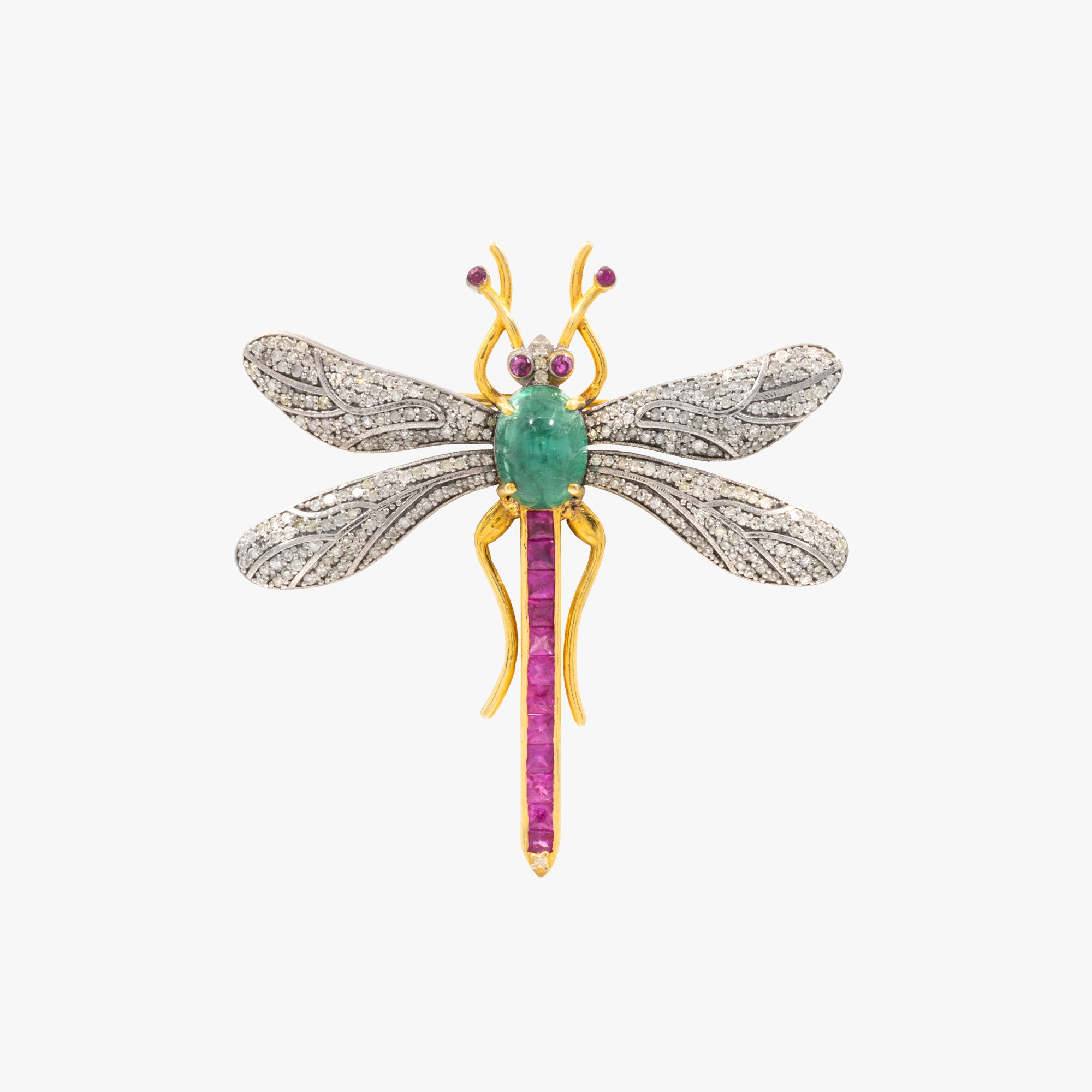 "Dragonfly" - broșă din argint și argint aurit, decorată cu smaralde, rubine și diamante