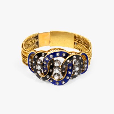 Excepțională brățară în manieră Victoriană, din aur și argint, decorată cu diamante și email, cca. 1880