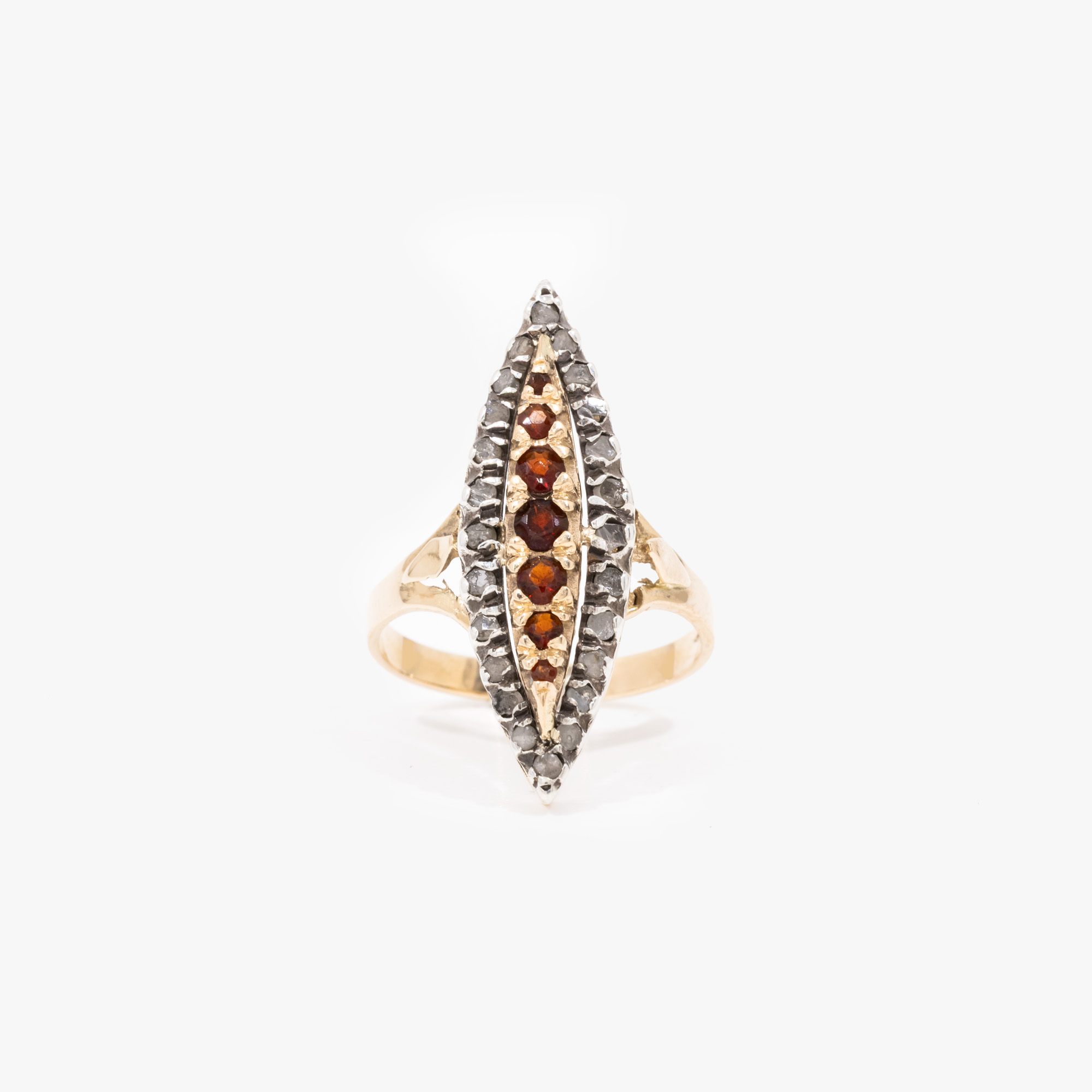 Victorian style gold and silver ring, decorated with garnets and diamonds, accompanied by additional gemological certificate