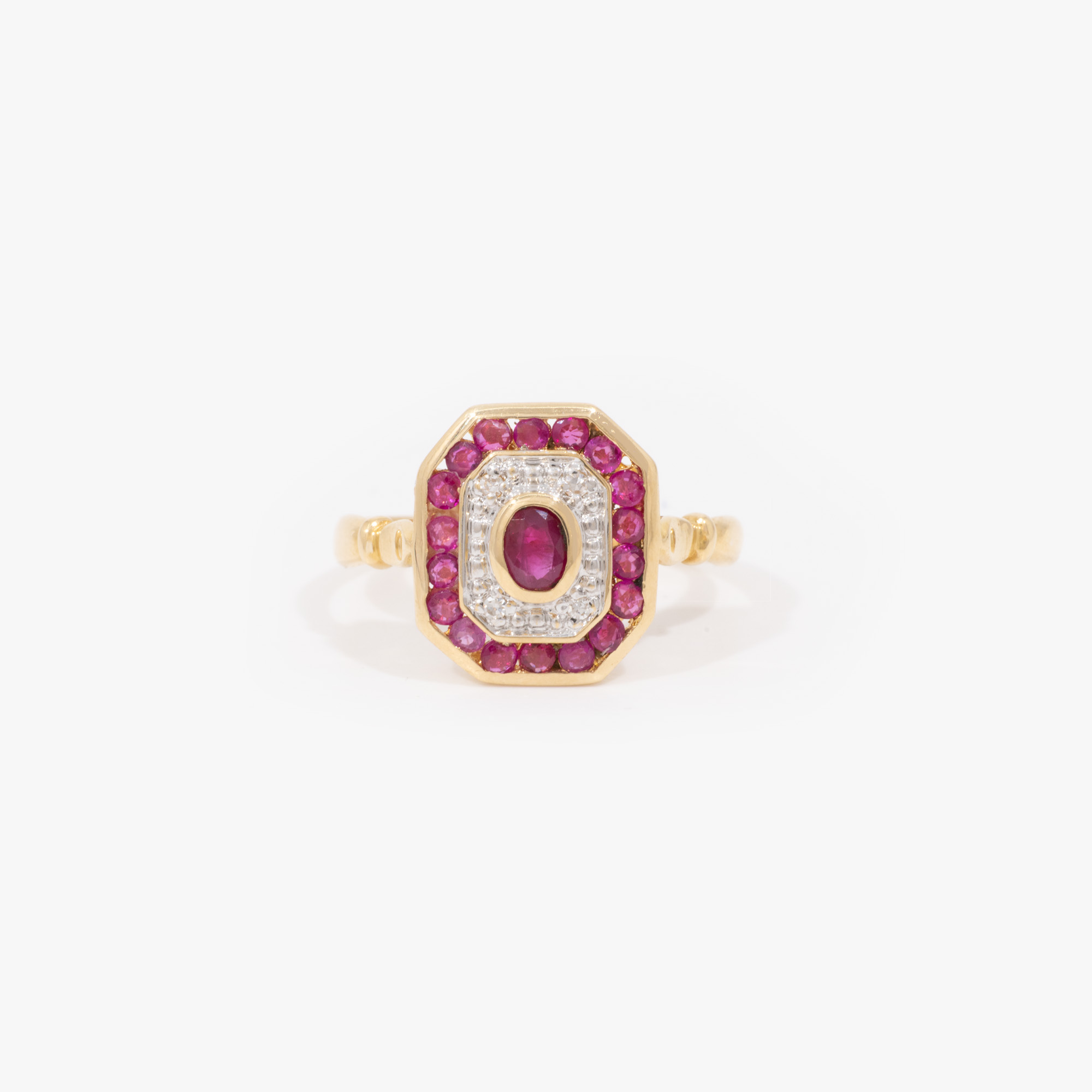 Gold ring in Art Deco style, decorated with rubies and diamonds