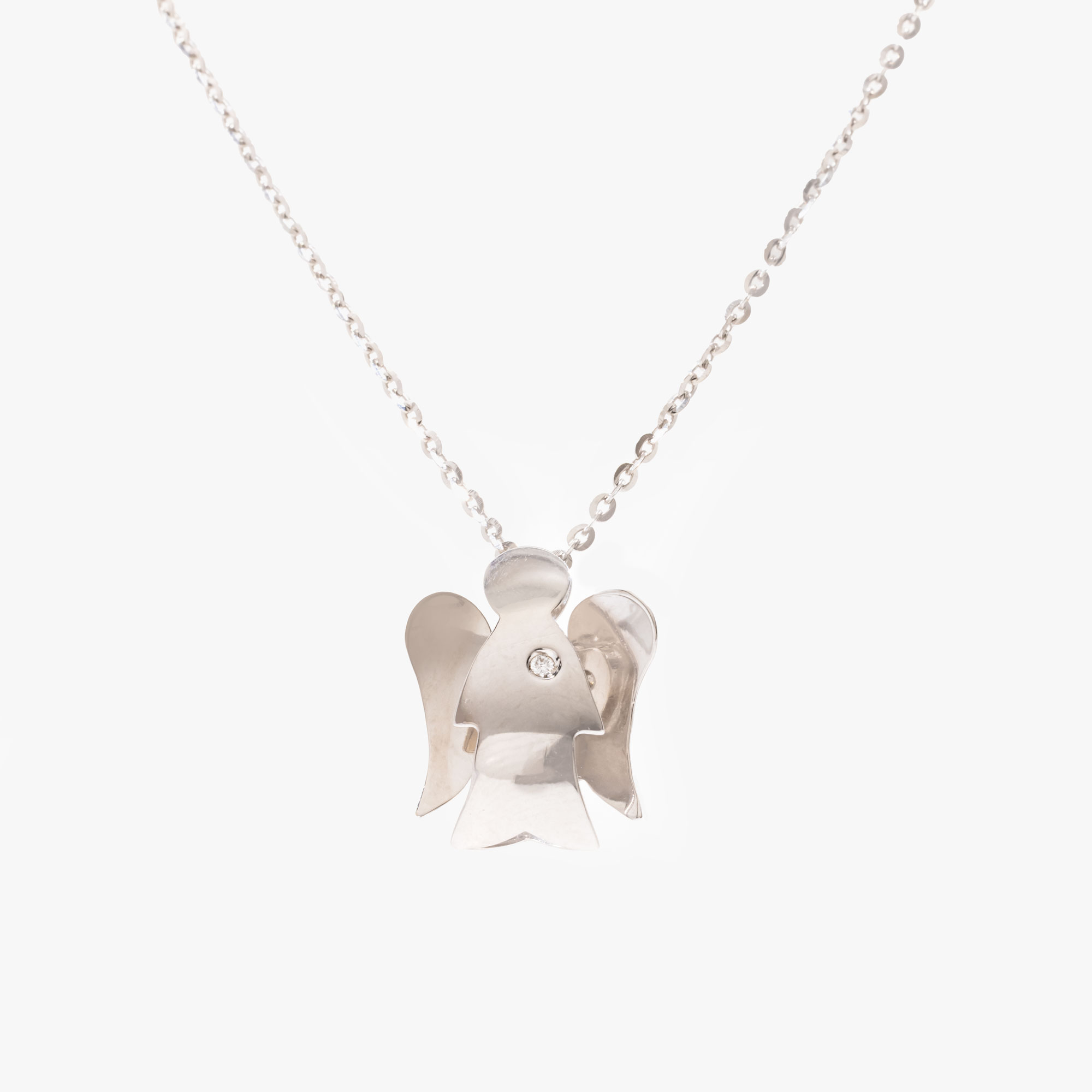 White gold necklace, with a pendant in the form of an angel, decorated with diamond, accompanied by an additional gemological certificate