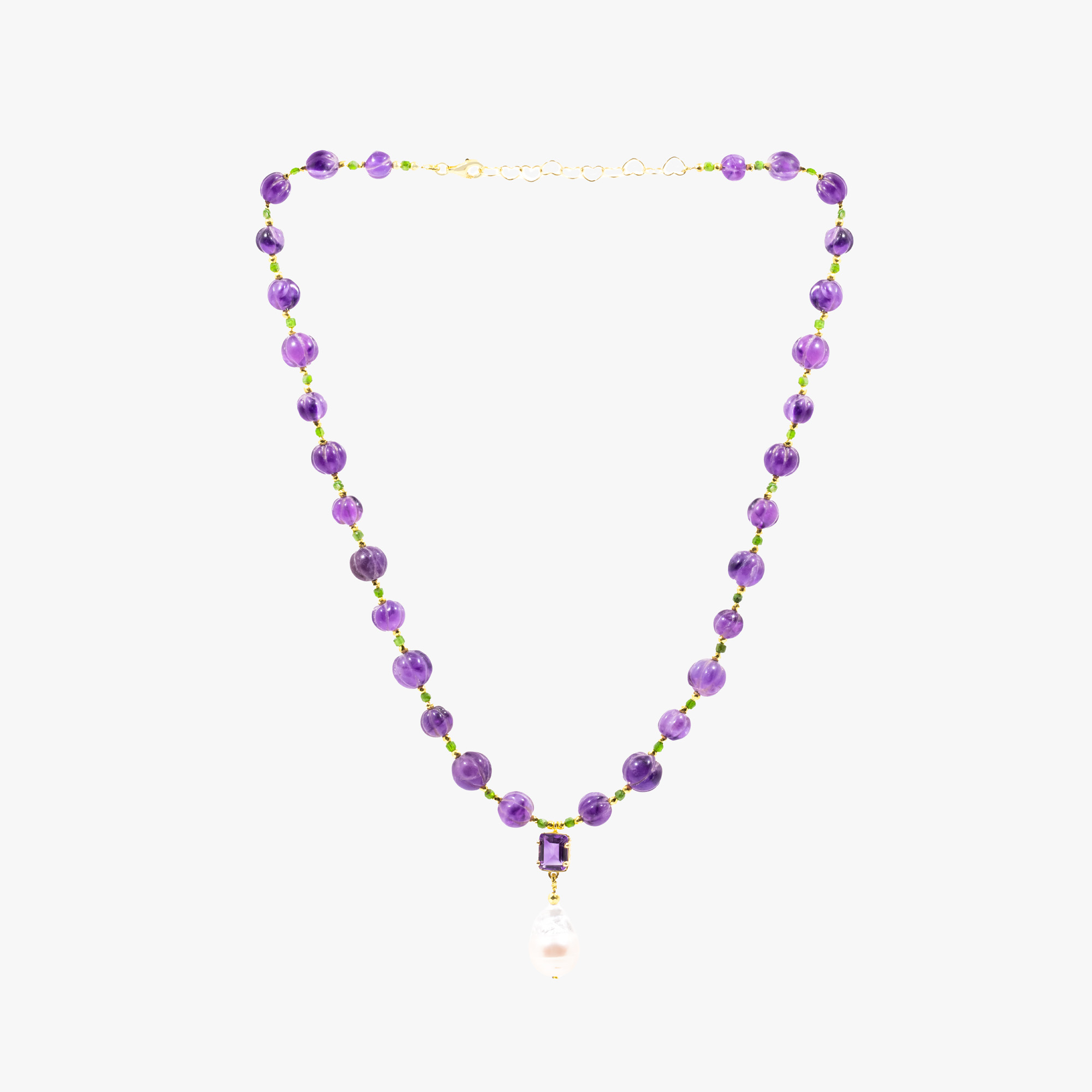 Gilded silver necklace, decorated with baroque pearl, hand-carved amethysts and chrome diopsides.