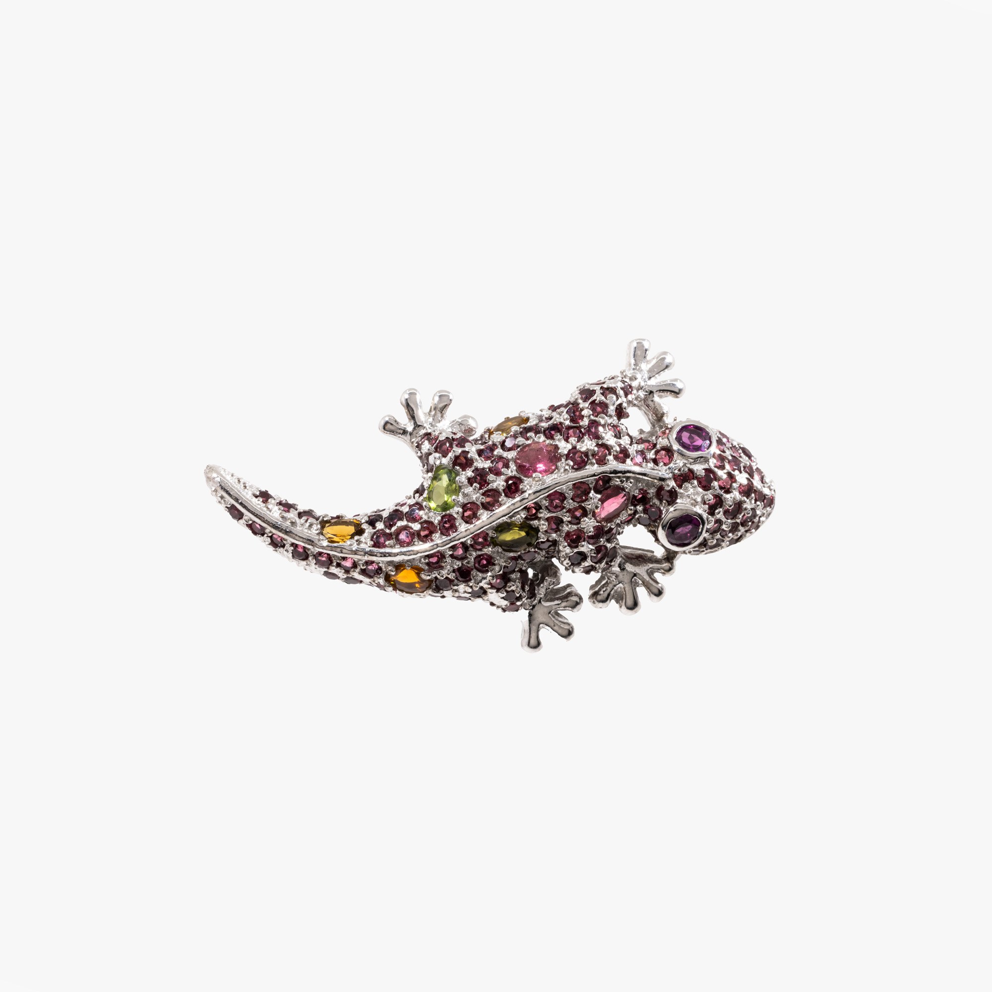 "Gecko" - silver brooch, decorated with garnets, citrine and tourmalines