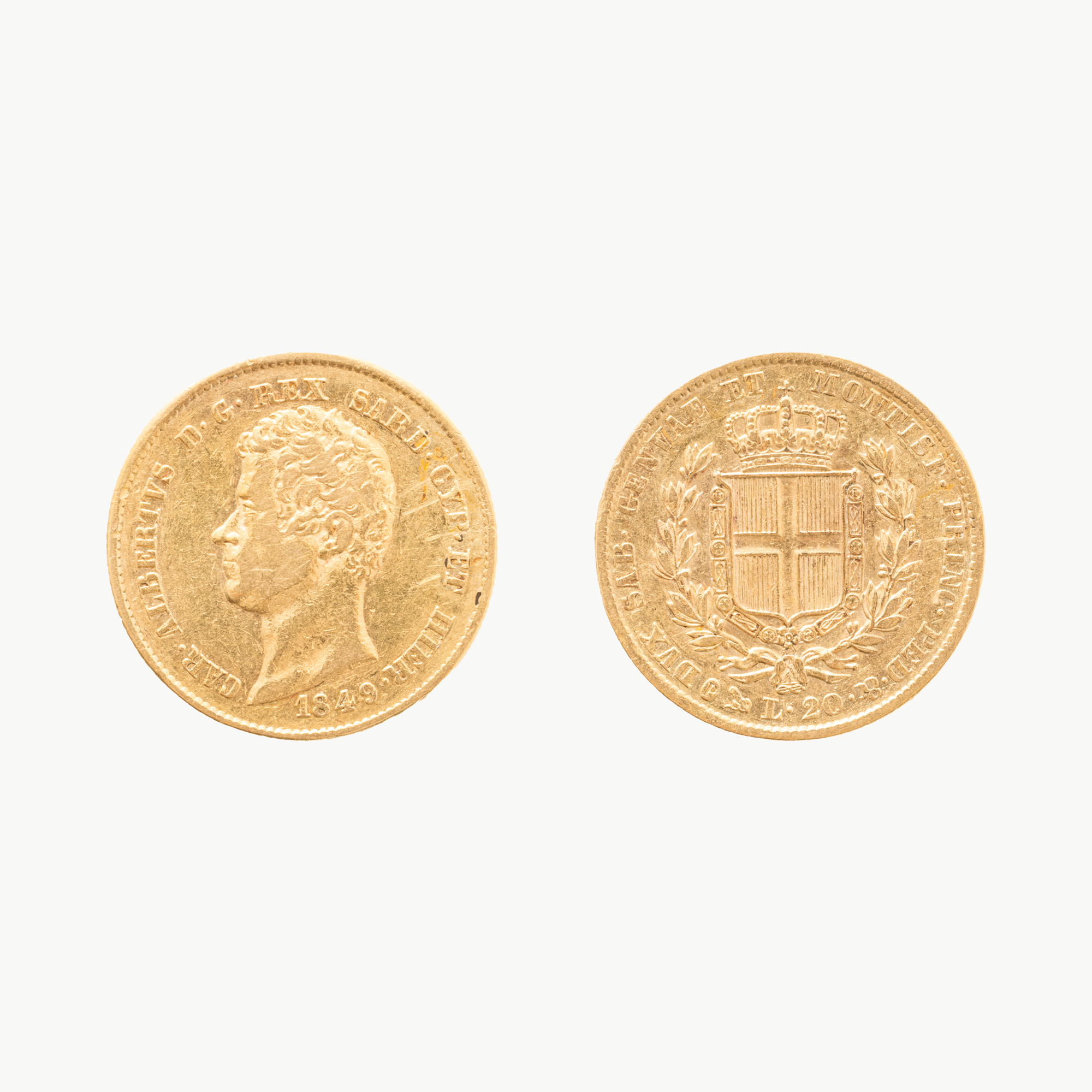 Monedă 20 Lire, Carol Albert, 1849, aur
