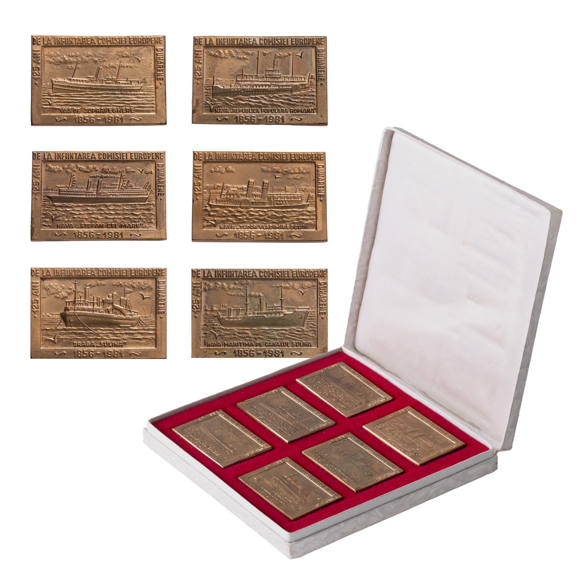 Set of six plaques, "125 years since the establishment of the European Commission of the Danube 1856-1981", struck by the Numismatic Circle of the Central Army House, set no. 48/200, in the original box