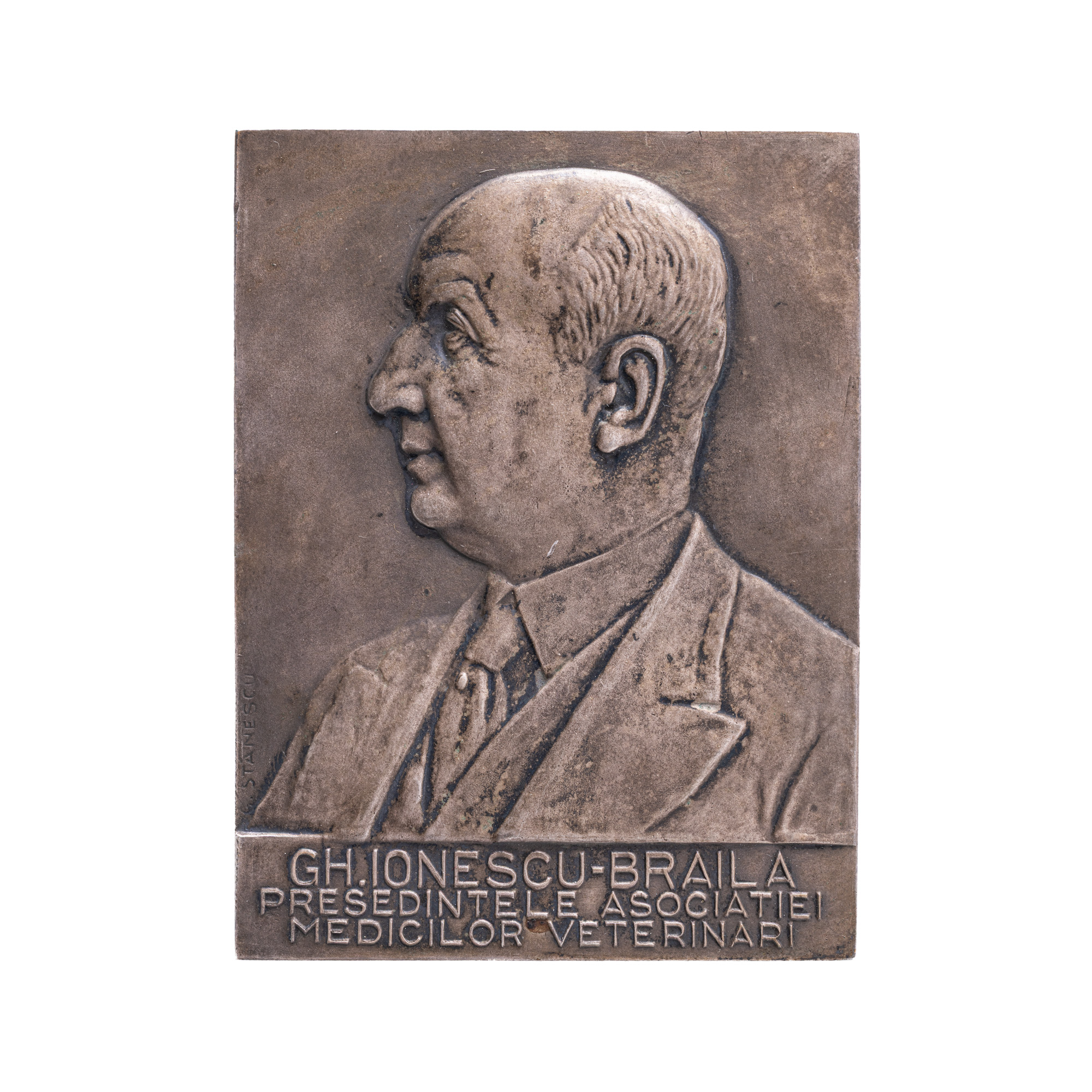 Plachetă ”Gheorghe Ionescu-Brăila, președintele Asociației medicilor veterinari”, gravor C. Stănescu, 1939, în cutia originală