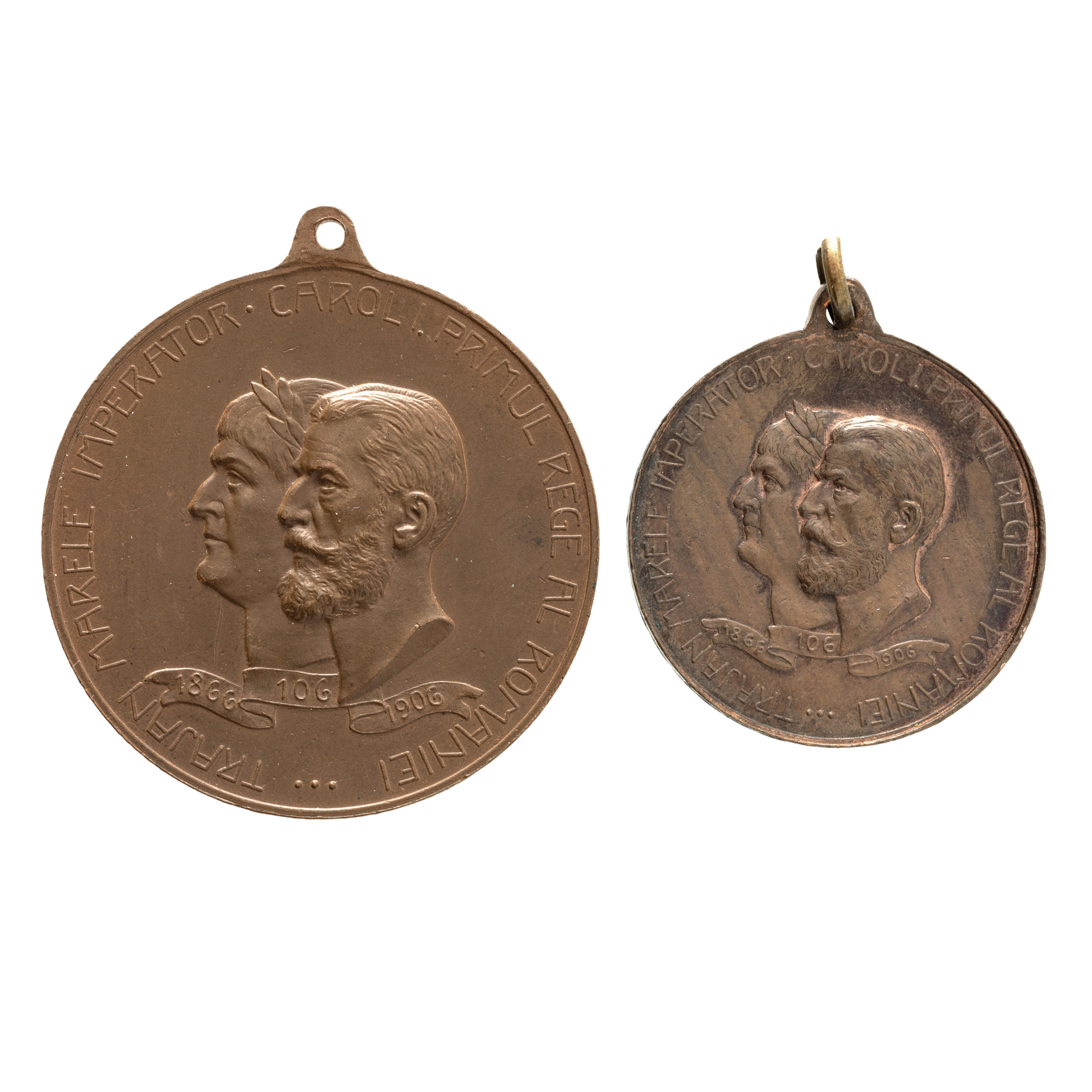 Lot consisting of two medals "Charles I and Emperor Trajan. Romanian Jubilee Exhibition from Bucharest", engraver Carniol son, 1906